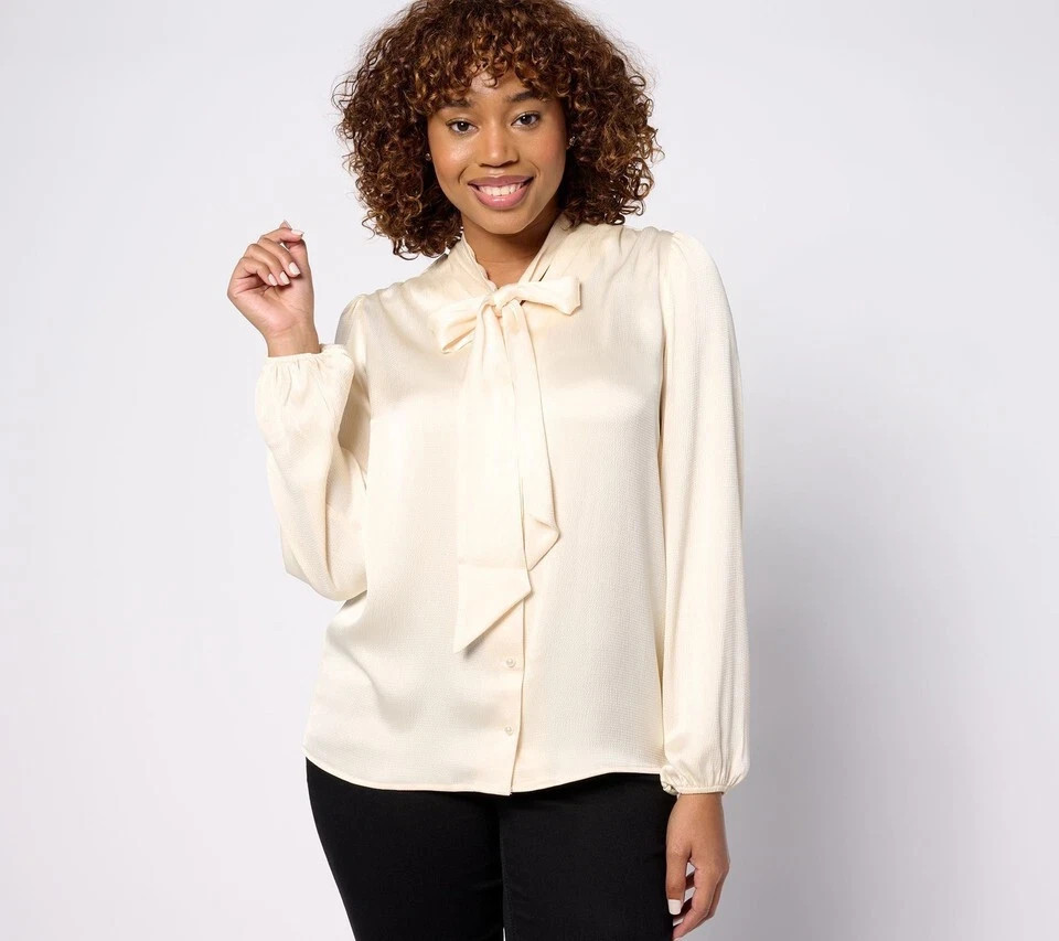 Isaac Mizrahi Live! Stretch Sateen Blouse w/ Detachable Bow Size 6