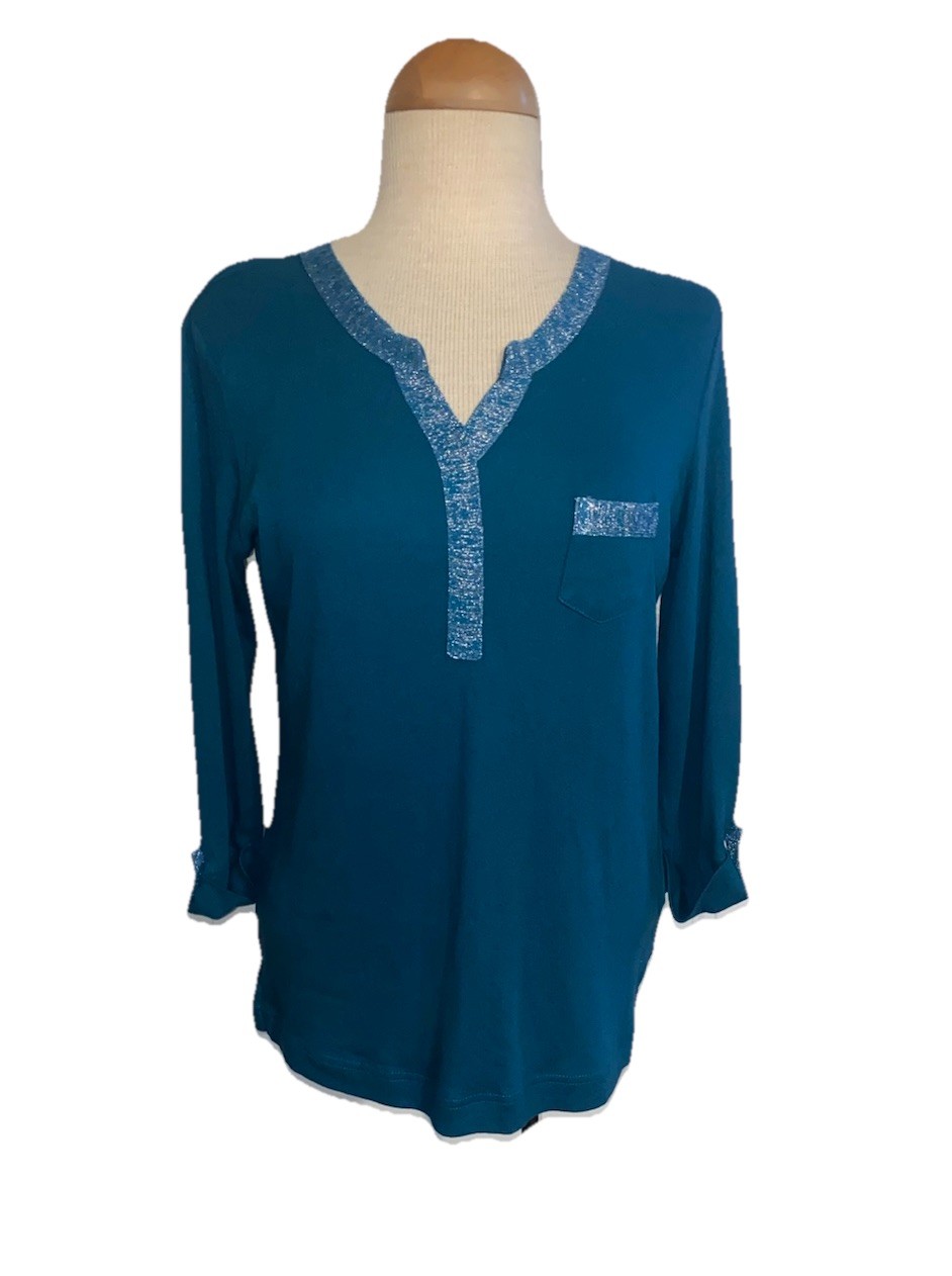 Alessa W Collection 3/4 Slv Metallic thread accent turquoise top SZ 6US