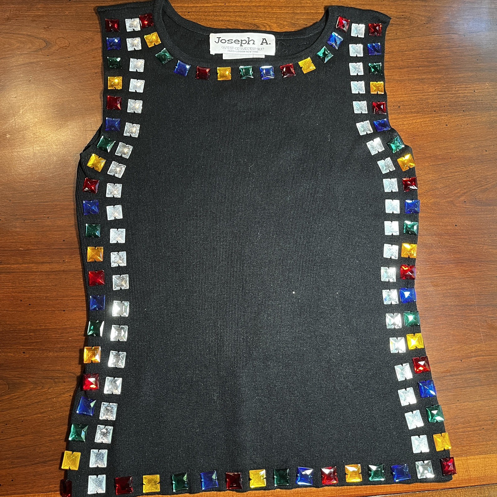 Vintage Y2K Joseph A. Black Silk Knit Sequins Beaded Sleeveless Tank Top S Fest