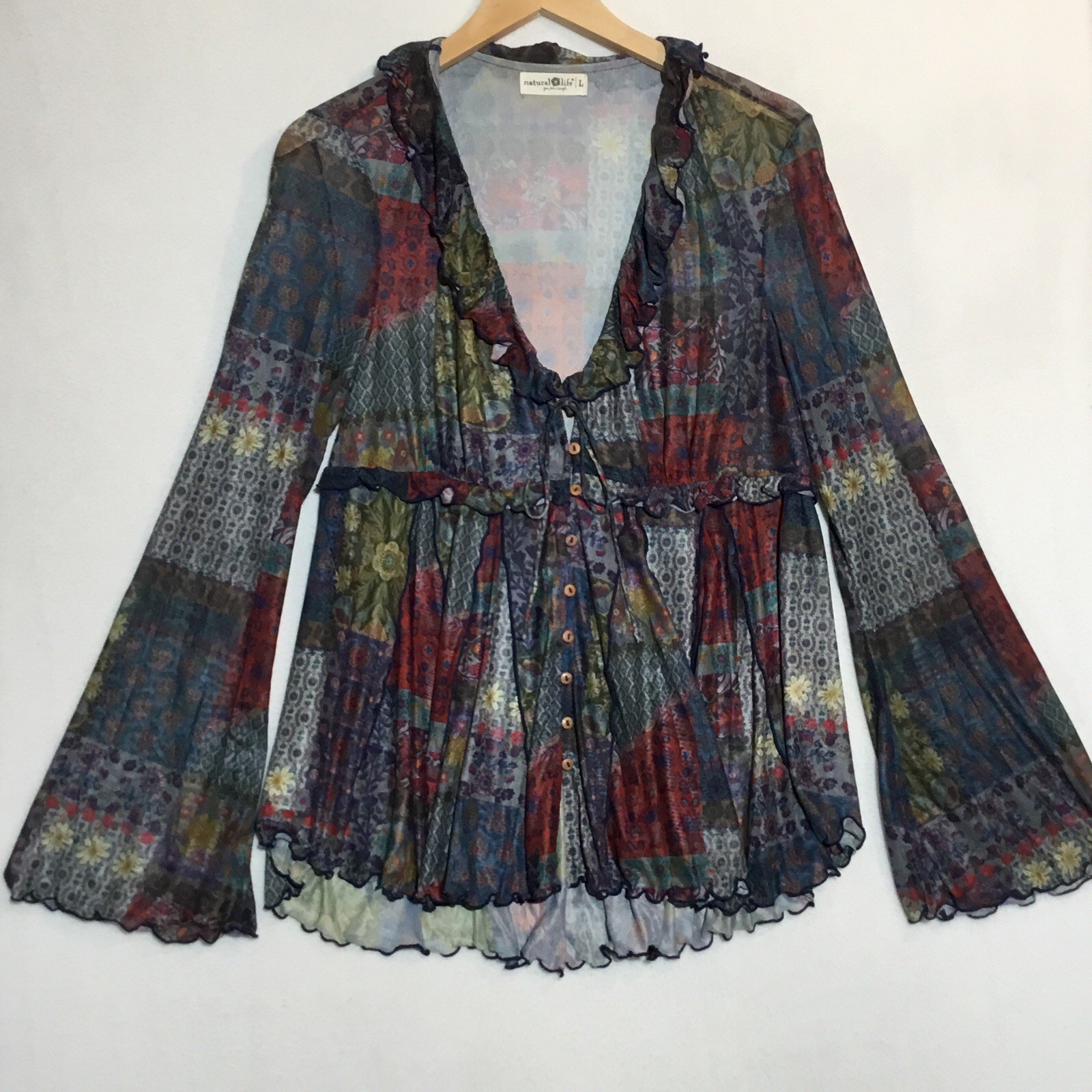 Natural Life Patchwork Ruffle Button Up Mesh Tunic Size L Multicolored Boho Top
