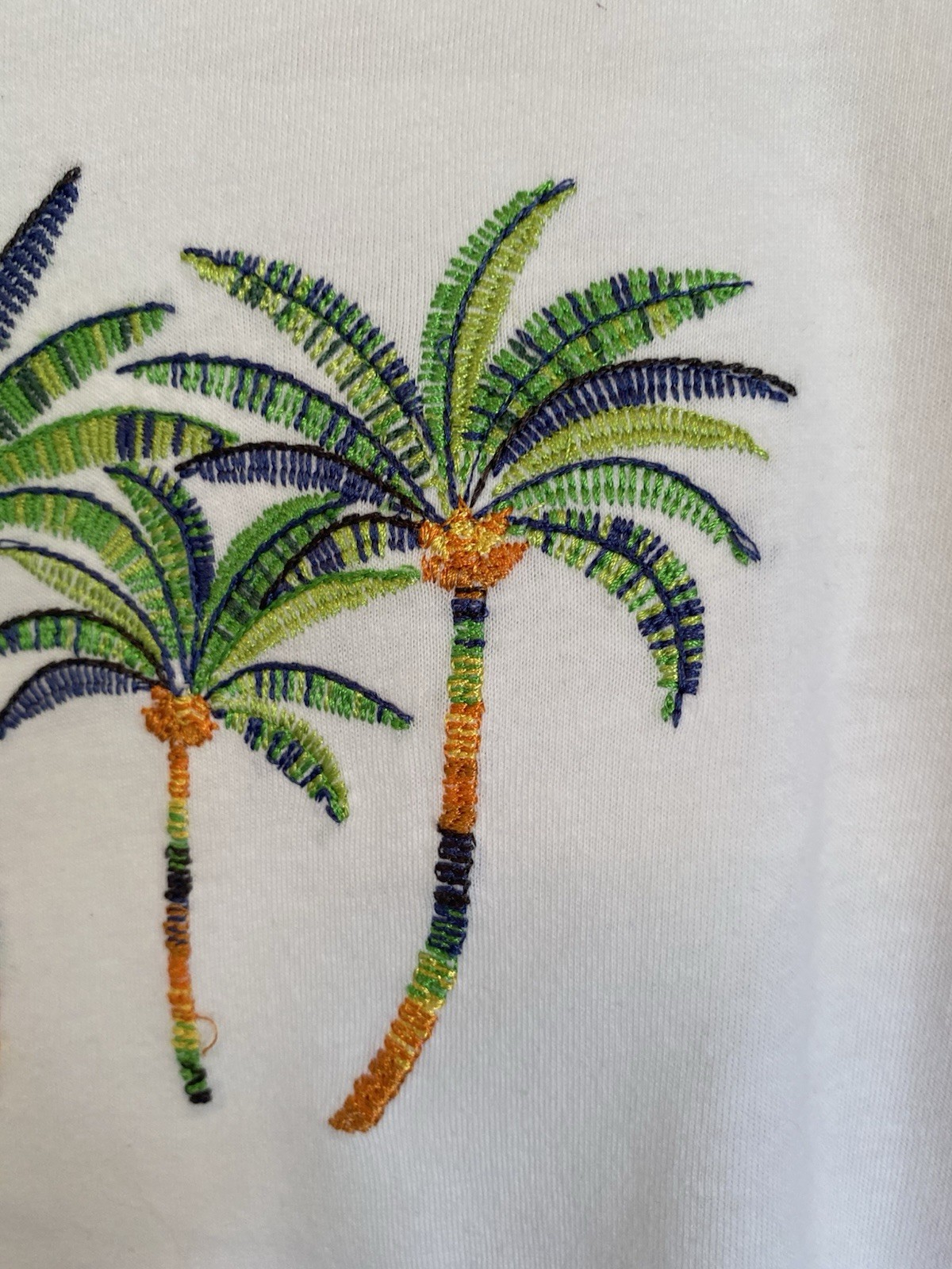Coral Bay Womens 1X White Short Sleeve Tee With Embroidered Colorful Palm Trees