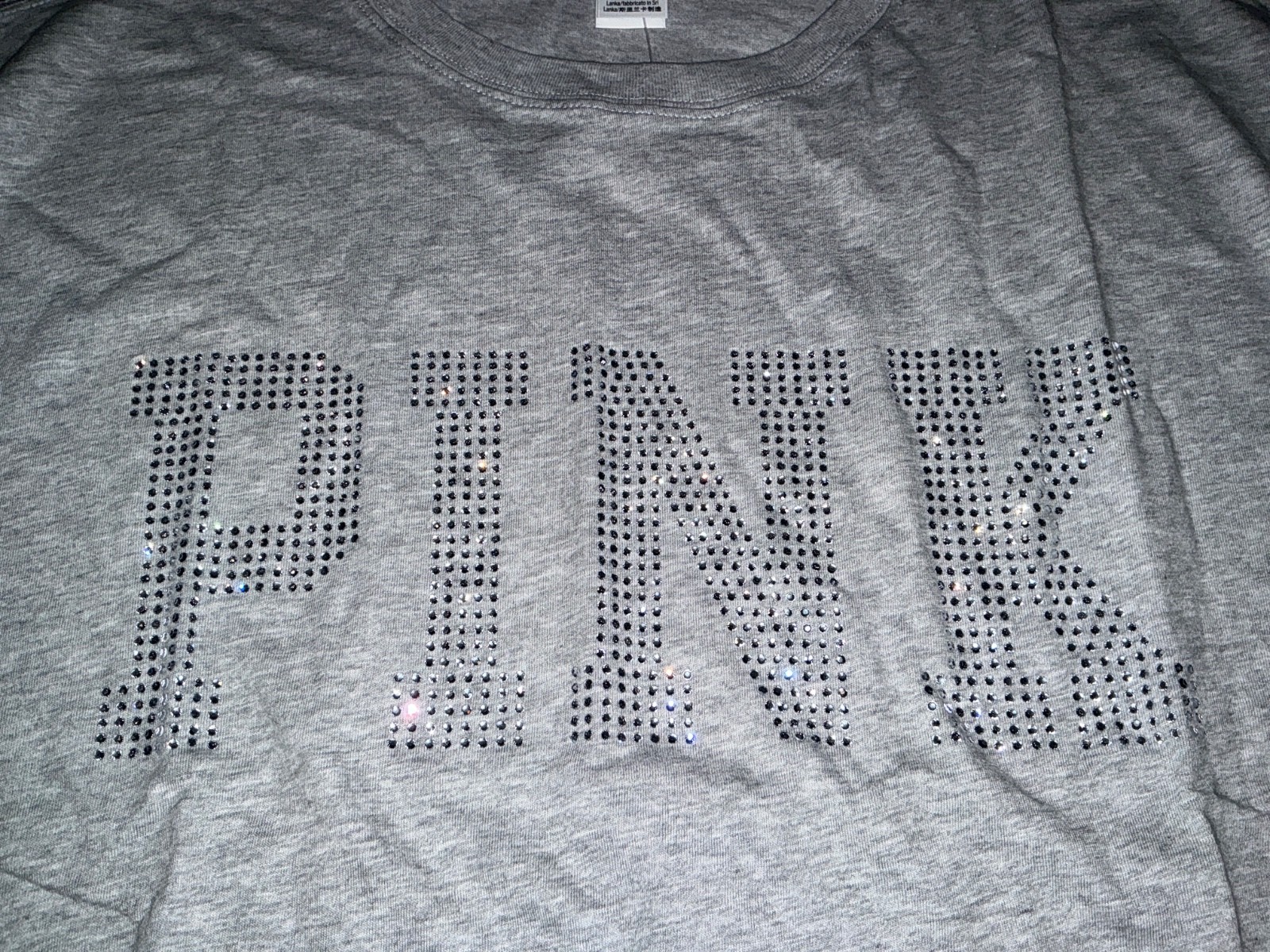Victoria’s Secret Pink Bling Rhinestones Logo Campus Tee Shirt L Fashion Show 25