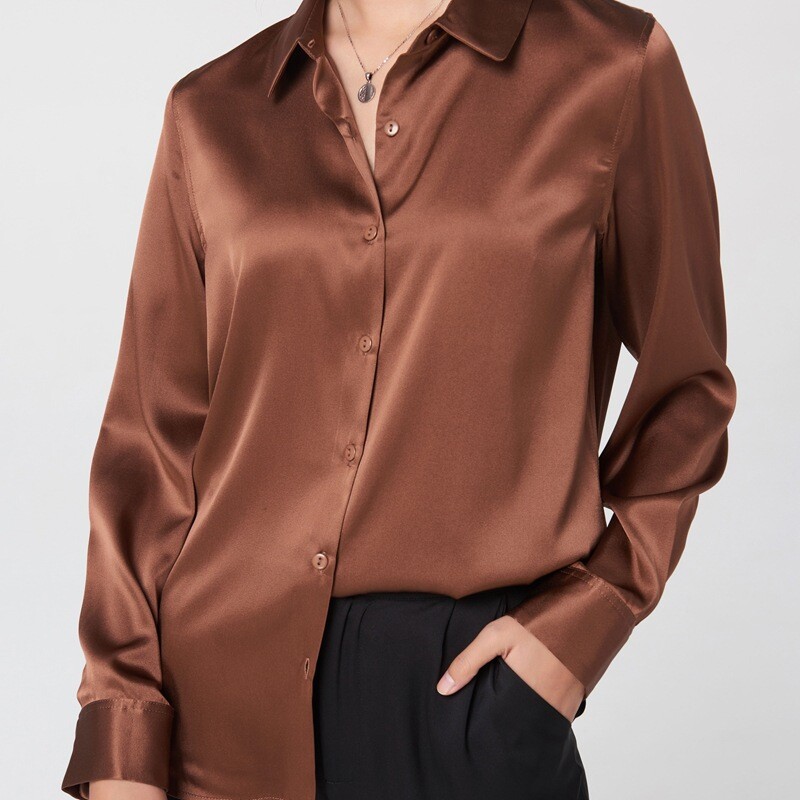 Women’s Mulberry Silk Shirt Long-Sleeve Satin Solid Color Button Soft Breathable