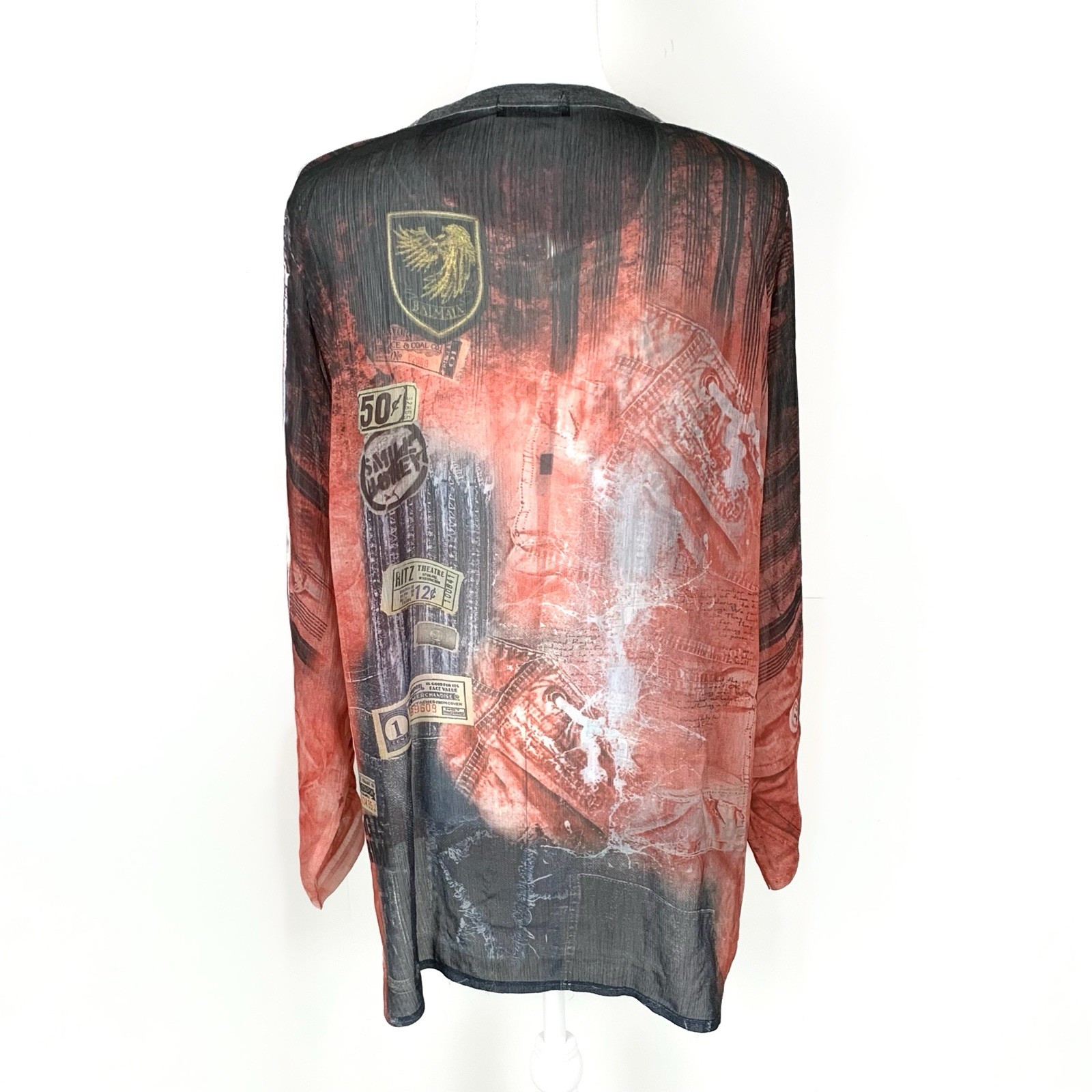 Made In Italy Women L Button Up Tunic Sheer Rhinestone Street Art Collarless
