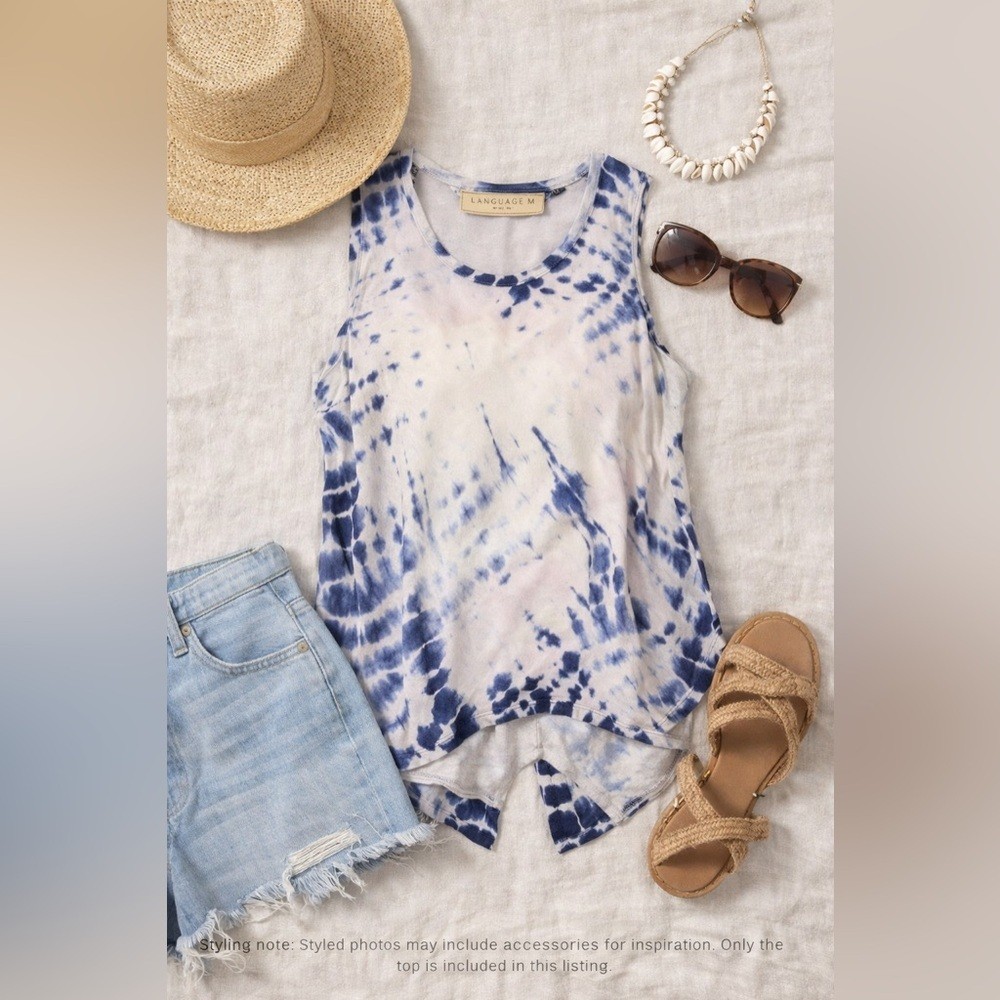 Language Silk Tie Dye Tank Top Blue White Tunic Sleeveless Made in USA M