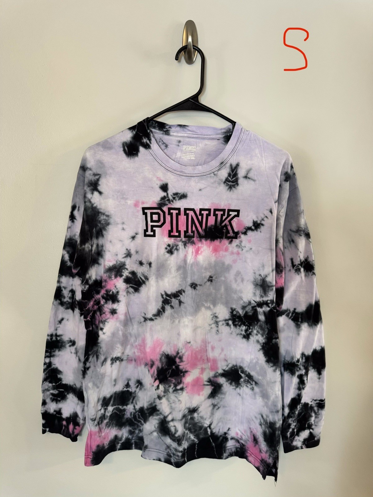 PINK Women’s Long Sleeve T-Shirts Size S Tie Dye & Black Cotton Knit Crew Neck