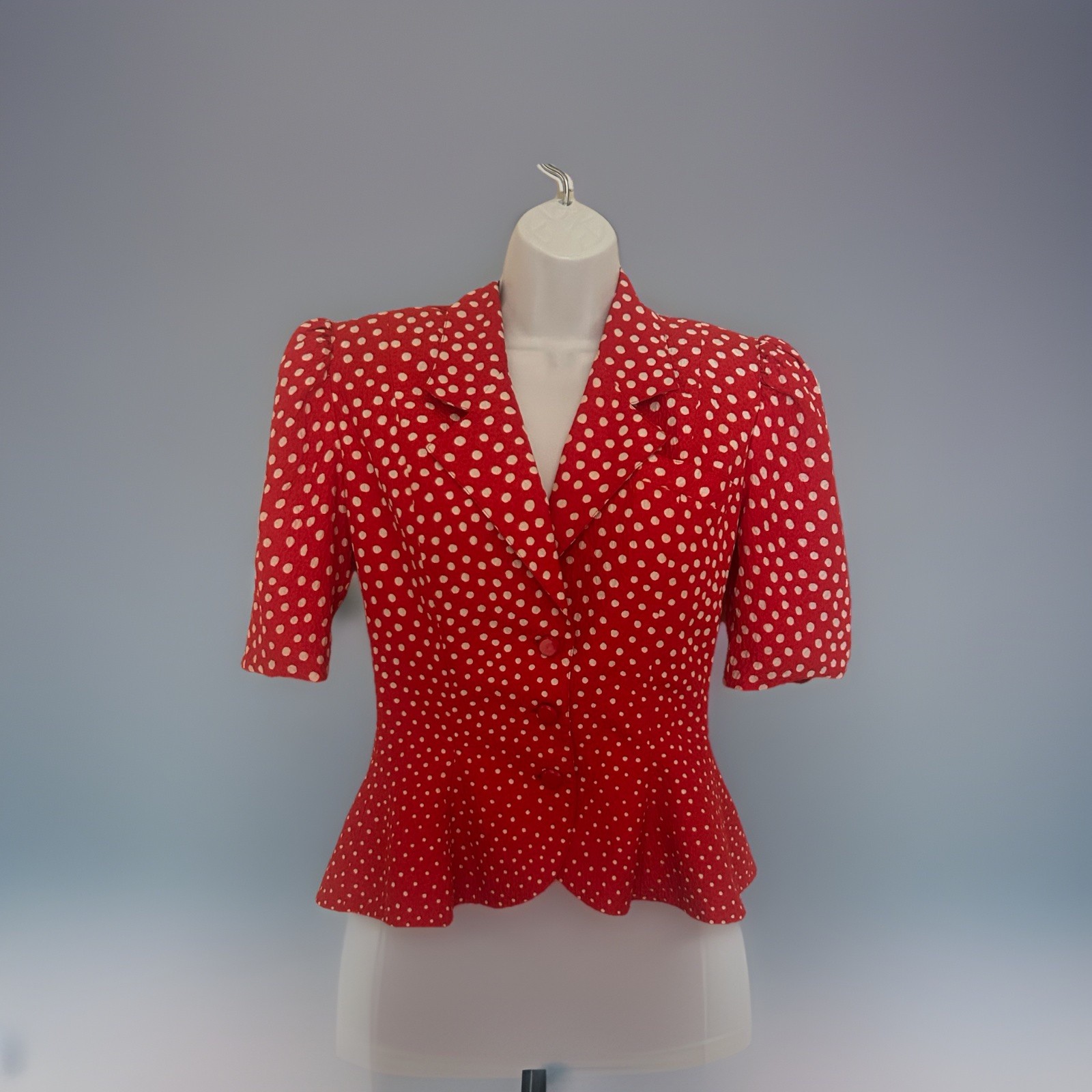 Vintage Rickie Freeman Teri Jon Silk Fitted Peplum Blouse Red W/ White Polka dot