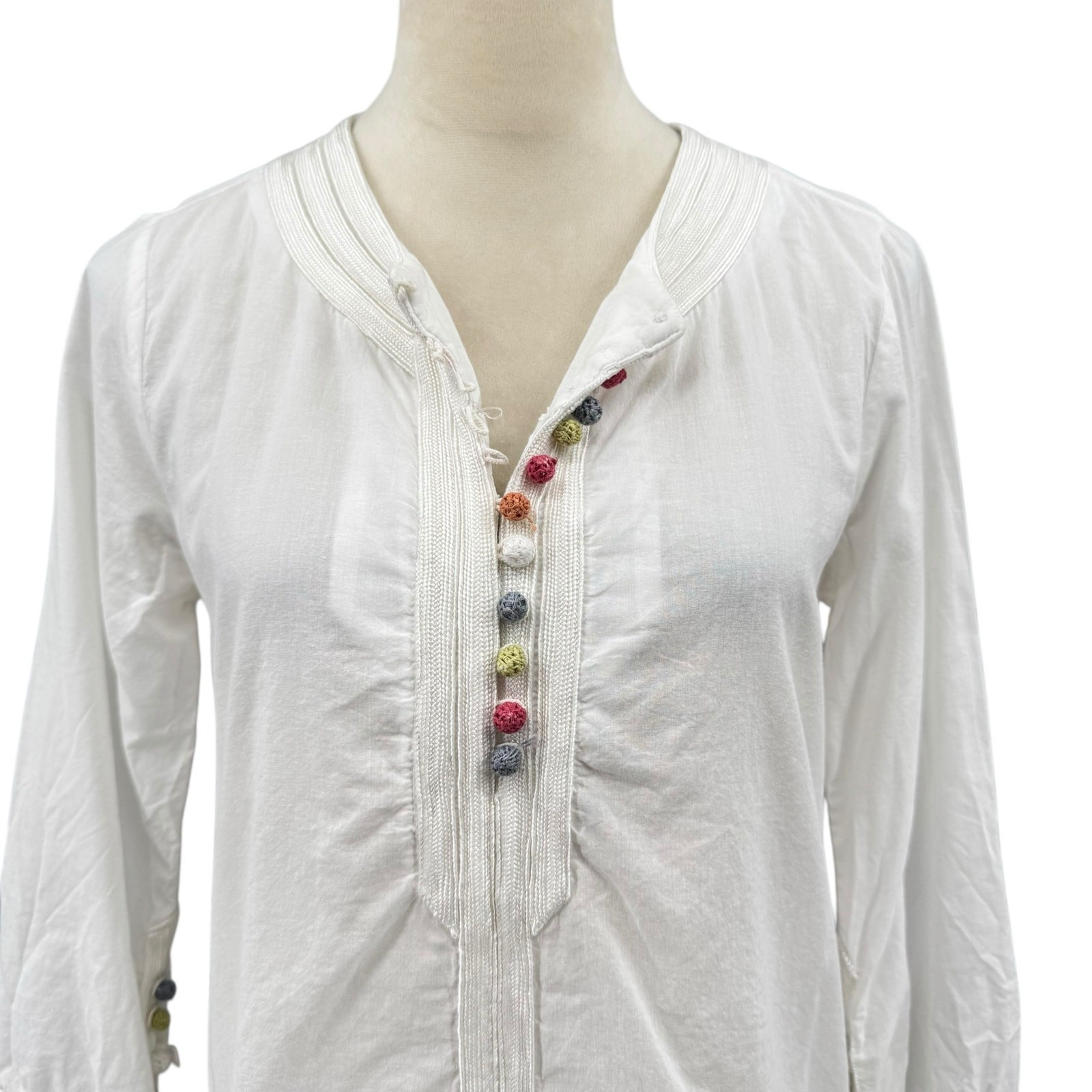 Roberta Roller Rabbit XS White & Multi Colored Button Loop 3/4 Sleeve Tunic