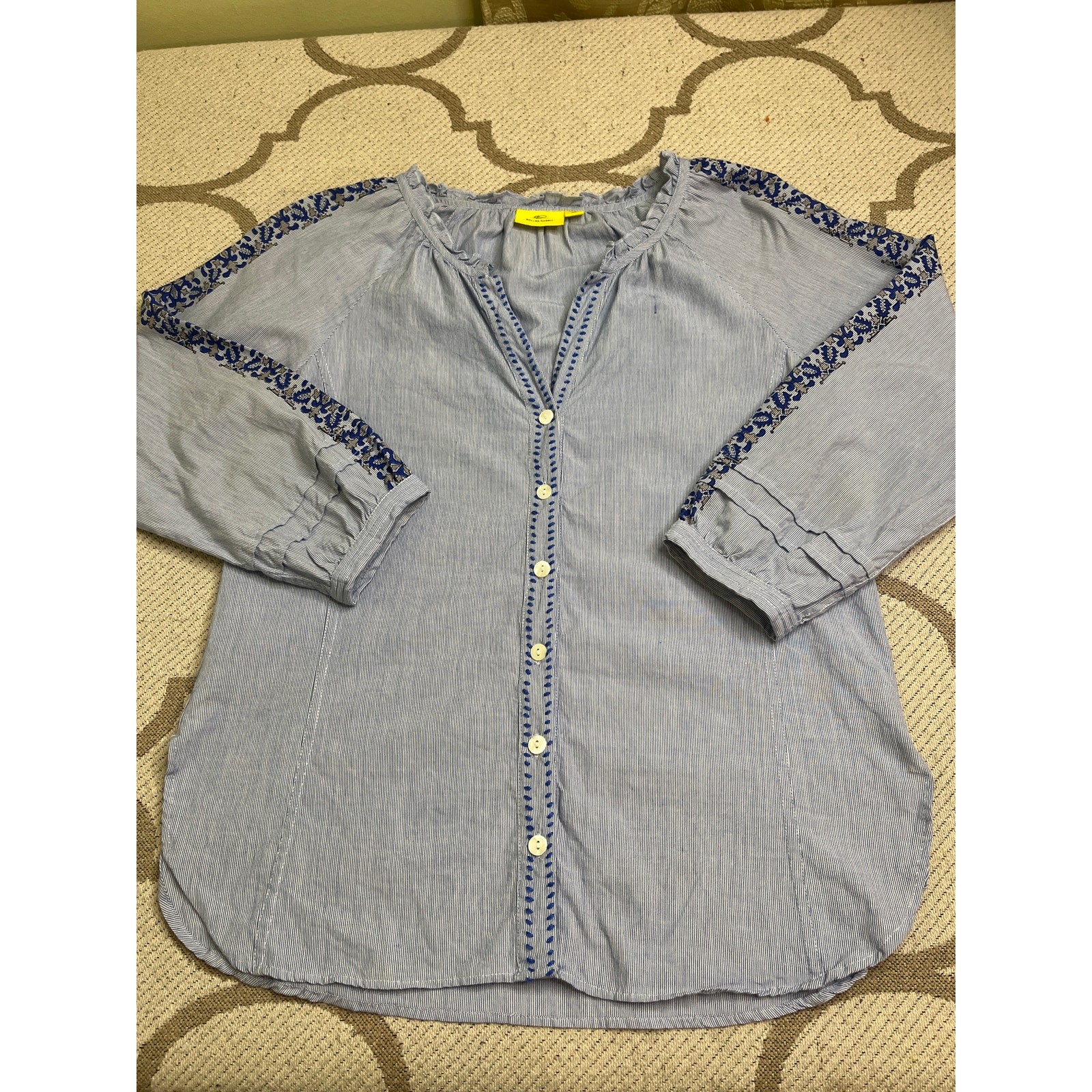 Roller Rabbit Womens Top Blue Striped V Neck Blouse Floral 3/4 Sleeve, Size XS