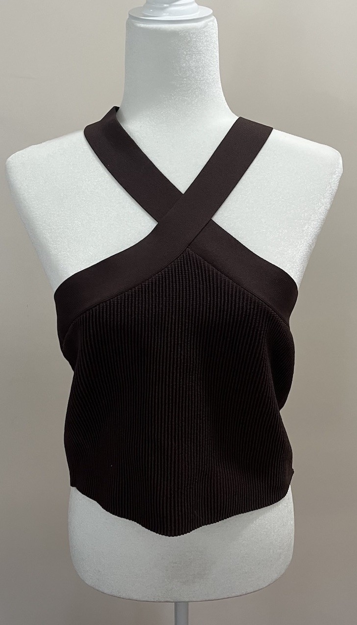 NWT Quince Brown Knit Ribbed Nylon Blend Cropped Halter Tank Top Sz. XL