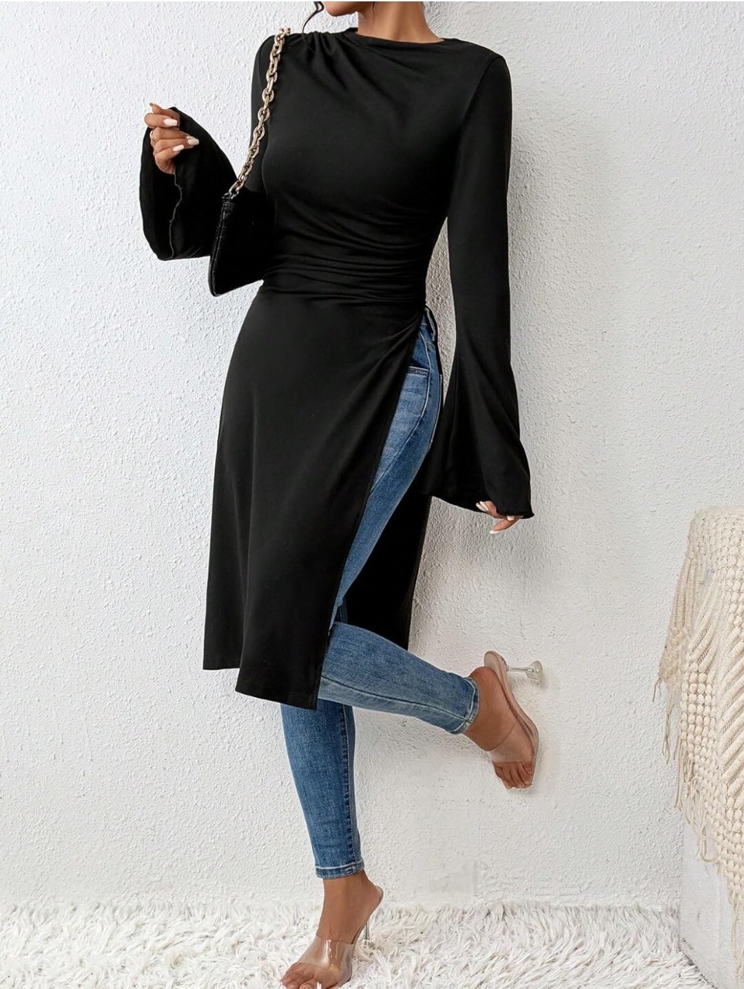 Women’s Black Drawstring Side Style Flounce Long Sleeve Split Thigh Shirt Top L