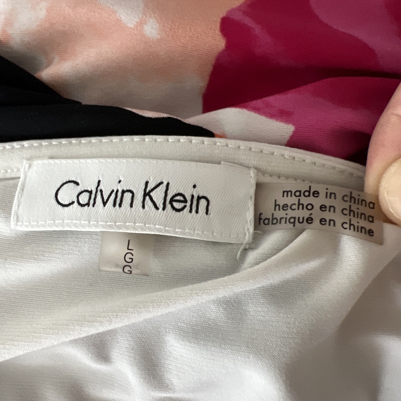Calvin Klein Blouse Women Large White Black Floral Print Gold Zip Cap Sleeve Top