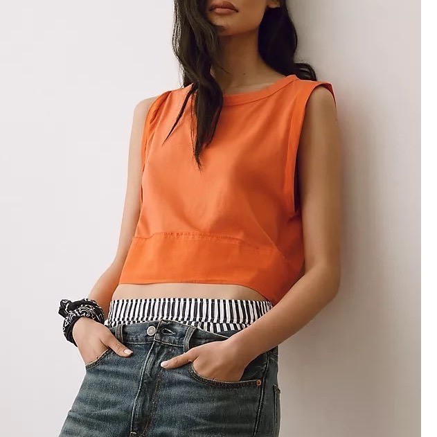 PILCRO Roll Sleeve Boxy Tank Orange Sleeveless Cropped T Shirt Top Size Large
