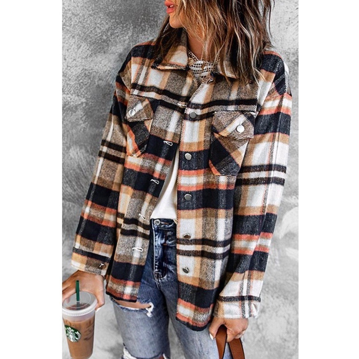 Womens Plaid Flannel Shirt Jacket BeachLoungeLunch Orange Brown White