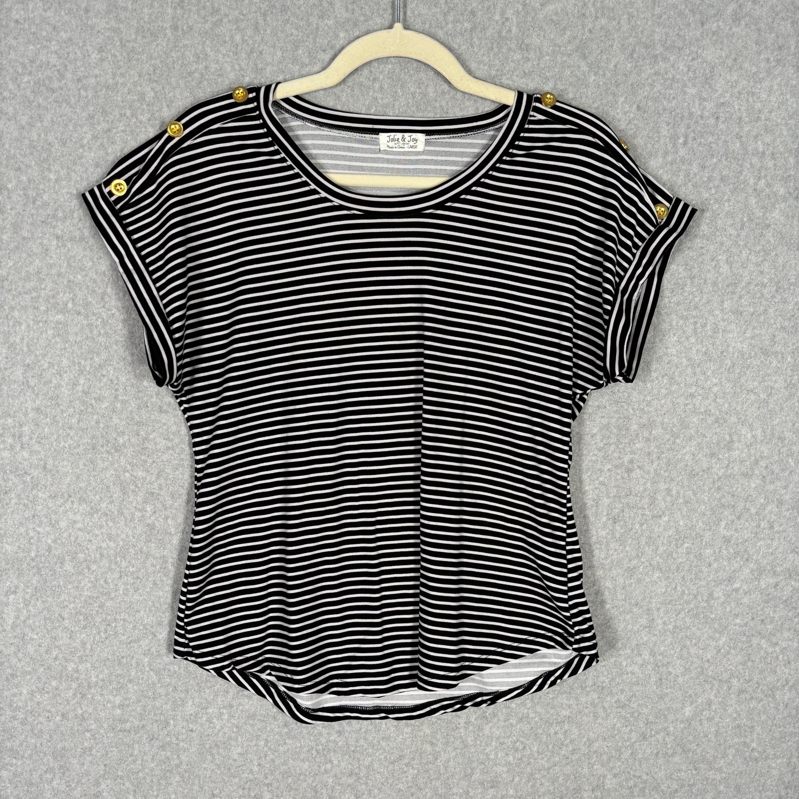 Jolie Joy Shirt Large Black Striped Gold Button Stretch Soft Sailor Yacht Basic