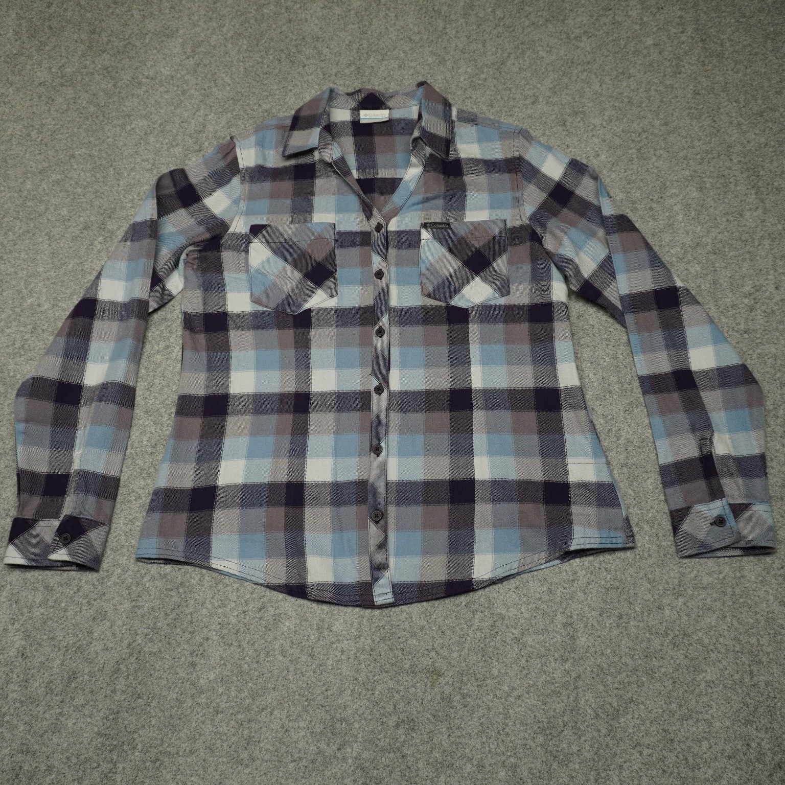 Columbia Flannel Shirt Women’s M Plaid Blue Gray Purple Cotton Button Up