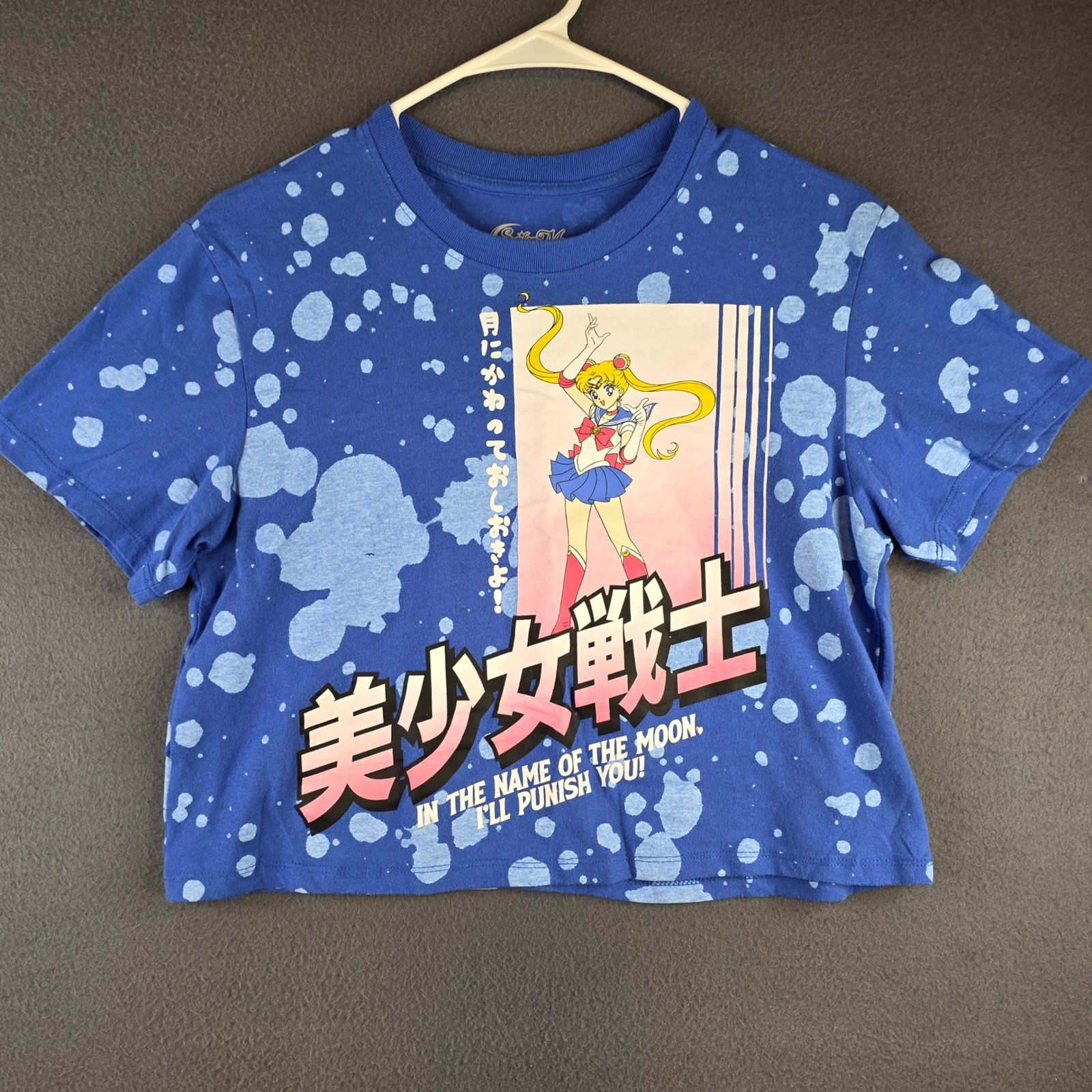 Sailor Moon Blue Bleach Wash Crop Top Graphic T-Shirt Small Cropped Tee