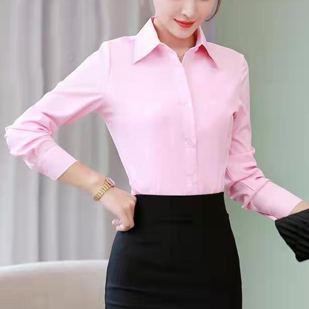 Ladies Office Lady Business Shirt Women Solid Button Up Long Sleeve Blouse