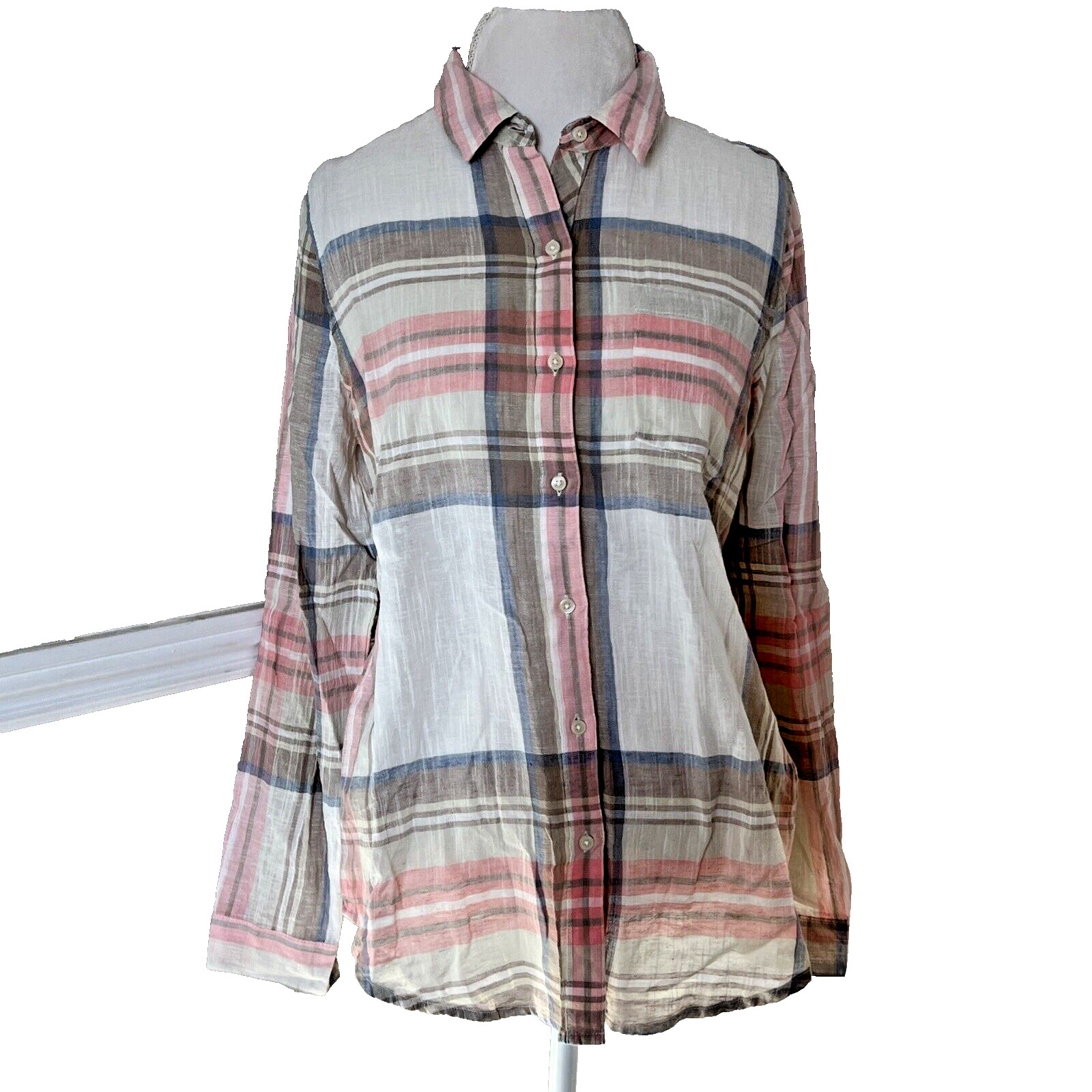 Lucky Brand Beige Pink Gray Plaid Gauze Button Long sleeve Shirt Womens sz L NWT
