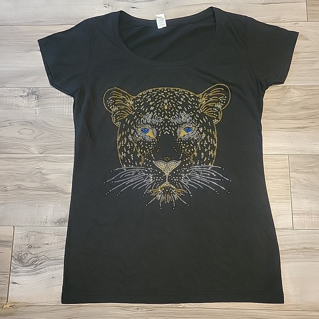 Tultex Womens Graphic Shirt Large Black Rhinestones Leopard Short Sleeve NEW