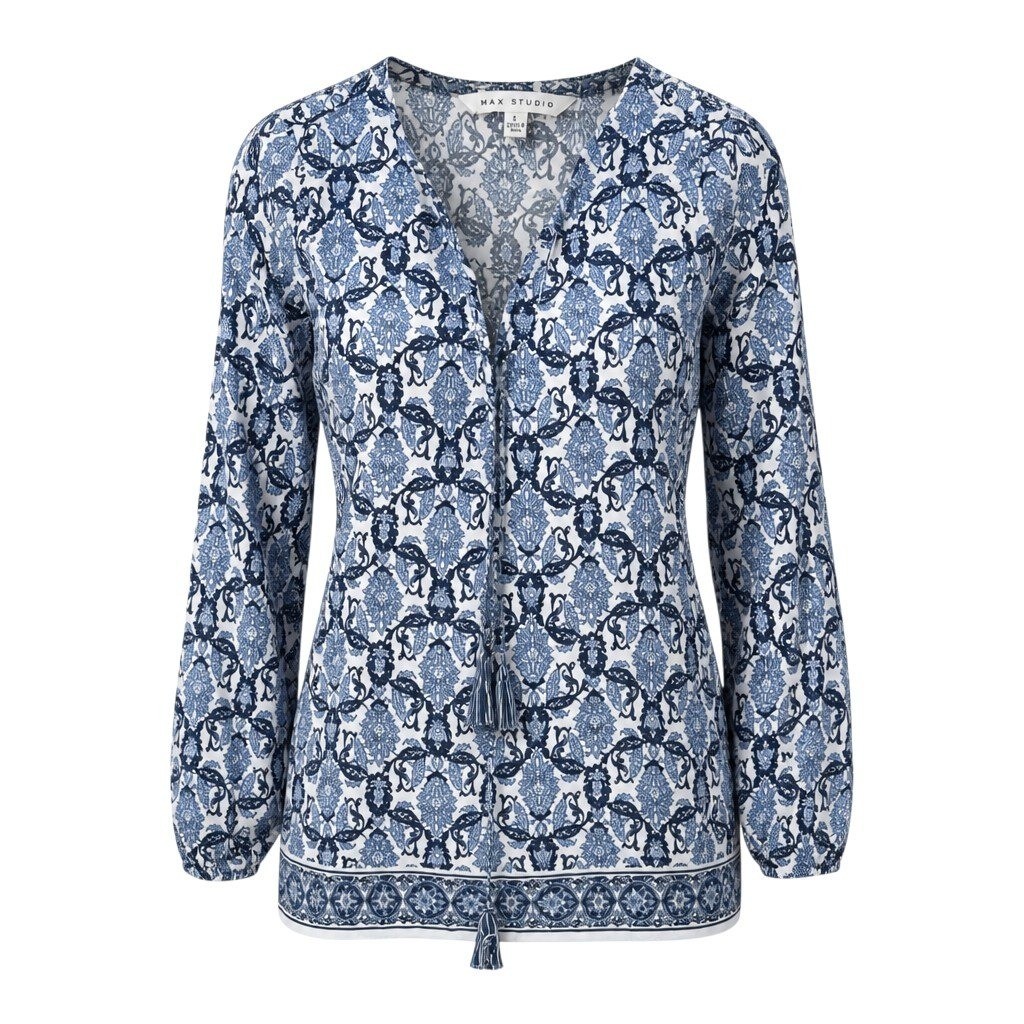 Max Studio Fall Boho Peasant Blouse Paisley Damask Blue White Size L EUC