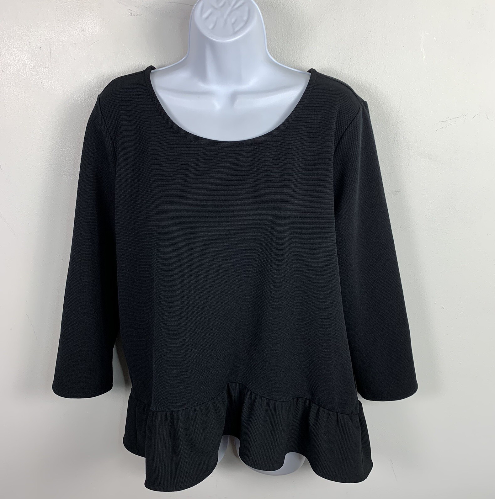 Ann Taylor Womens Peplum Hem Top Sz L Black Long Sleeve Round Neck Blouse