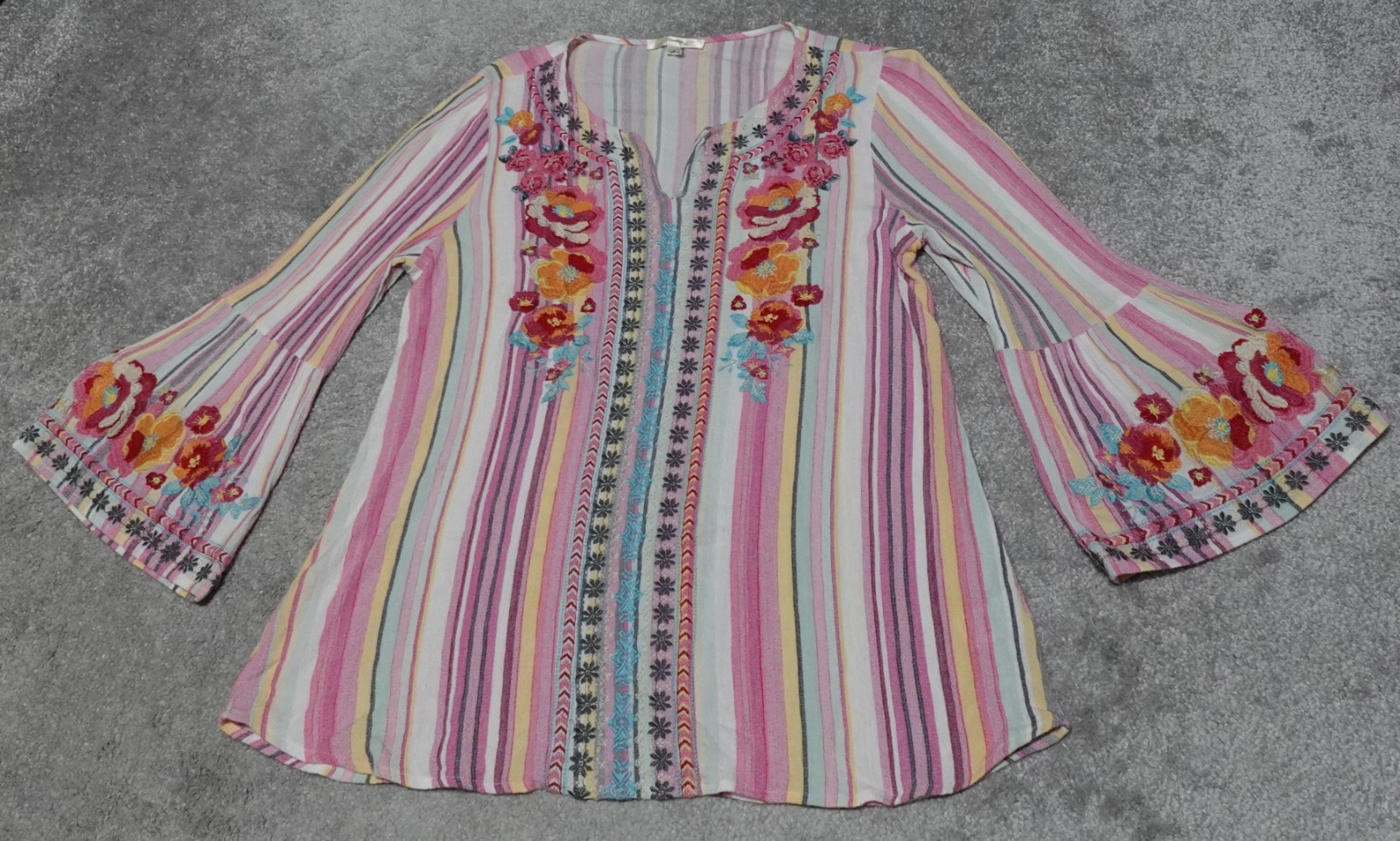 Andree by Unit Top Tunic Blouse Women’s Large Multicolor Stripe Embroidered