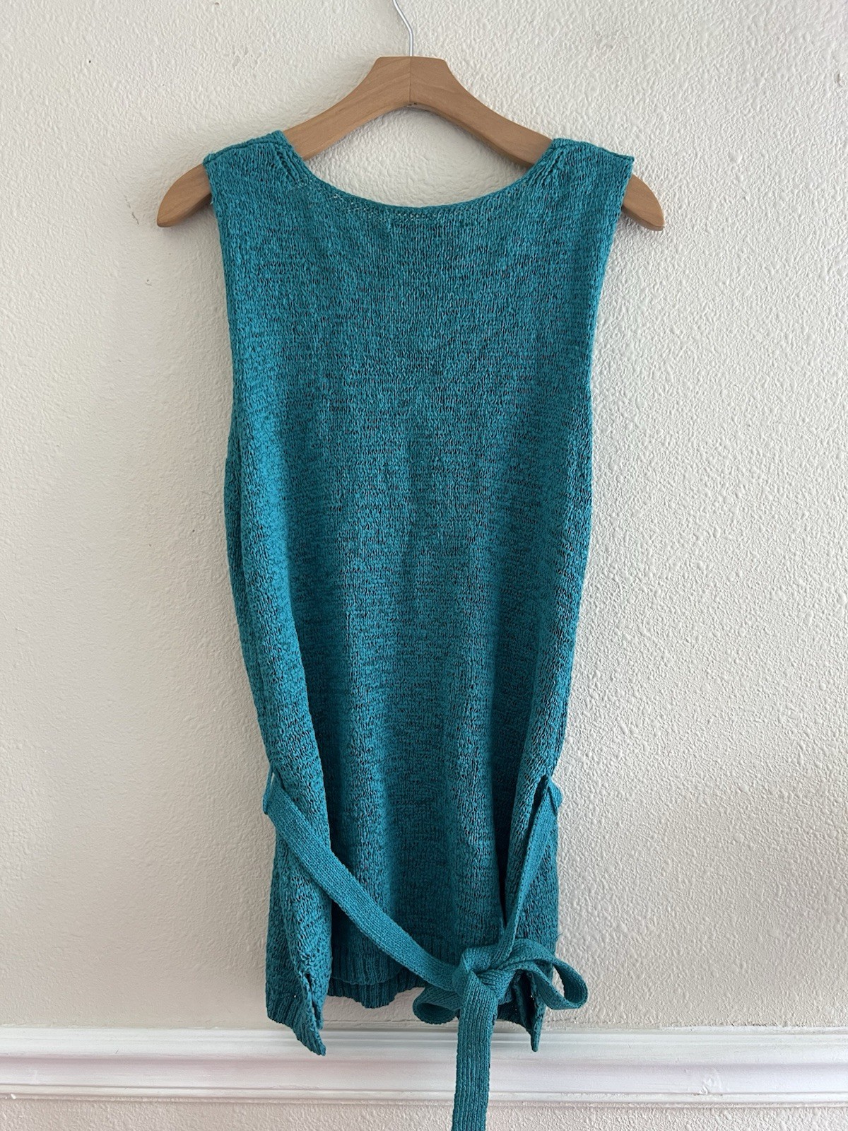 ELENA SOLANO Open Knit Sweater Tunic Top Teal Green Metallic Studs XL (smaller)