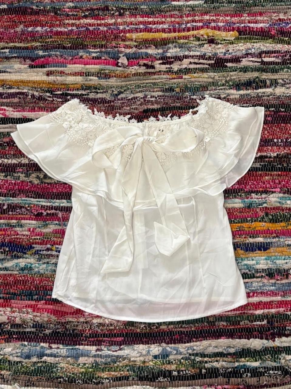 YQF White Off-Shoulder Sheer Lace Flutter Sleeve Bow Ruffle Blouse, Women’s L