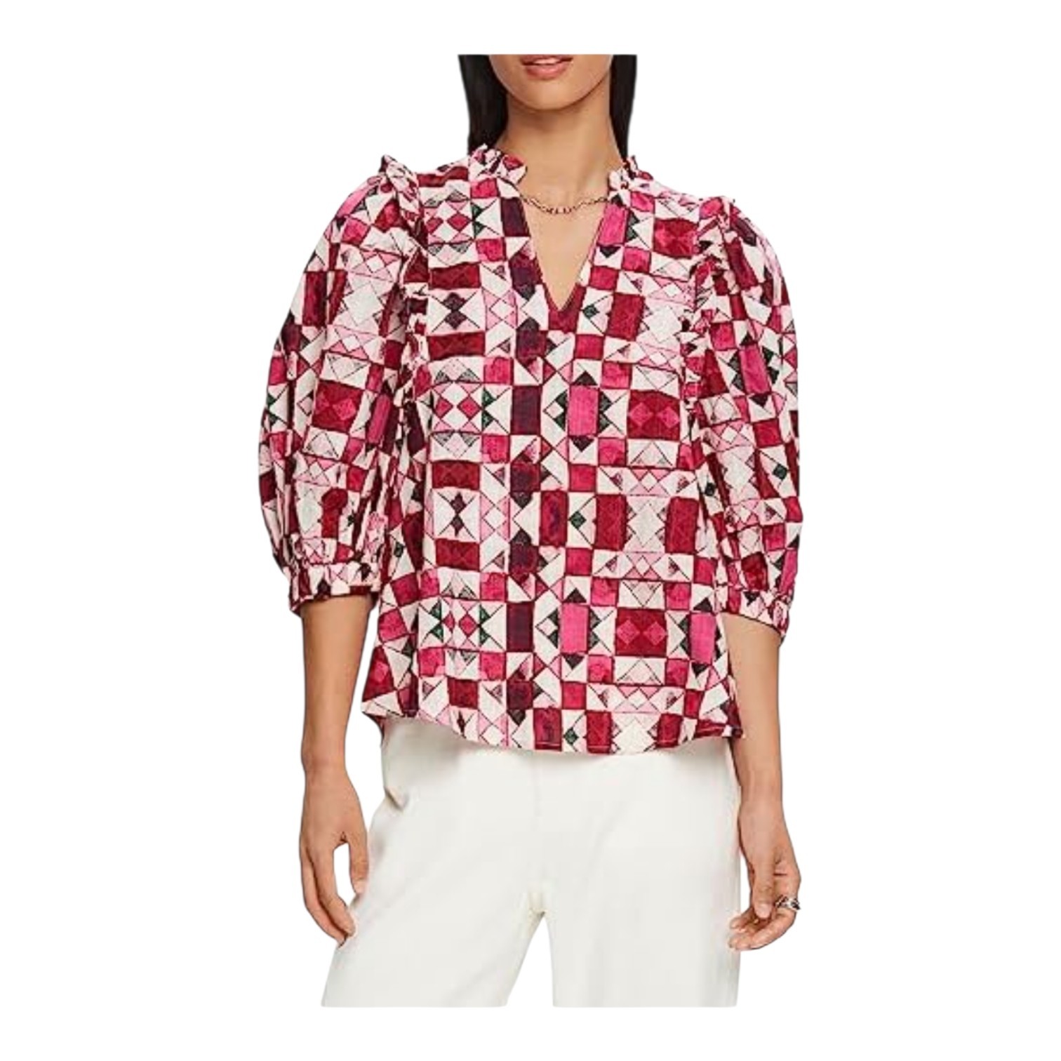 Esprit Women’s S Pink Fushia Geometric Cotton Peasant Ruffles Puffy Sleeves Top