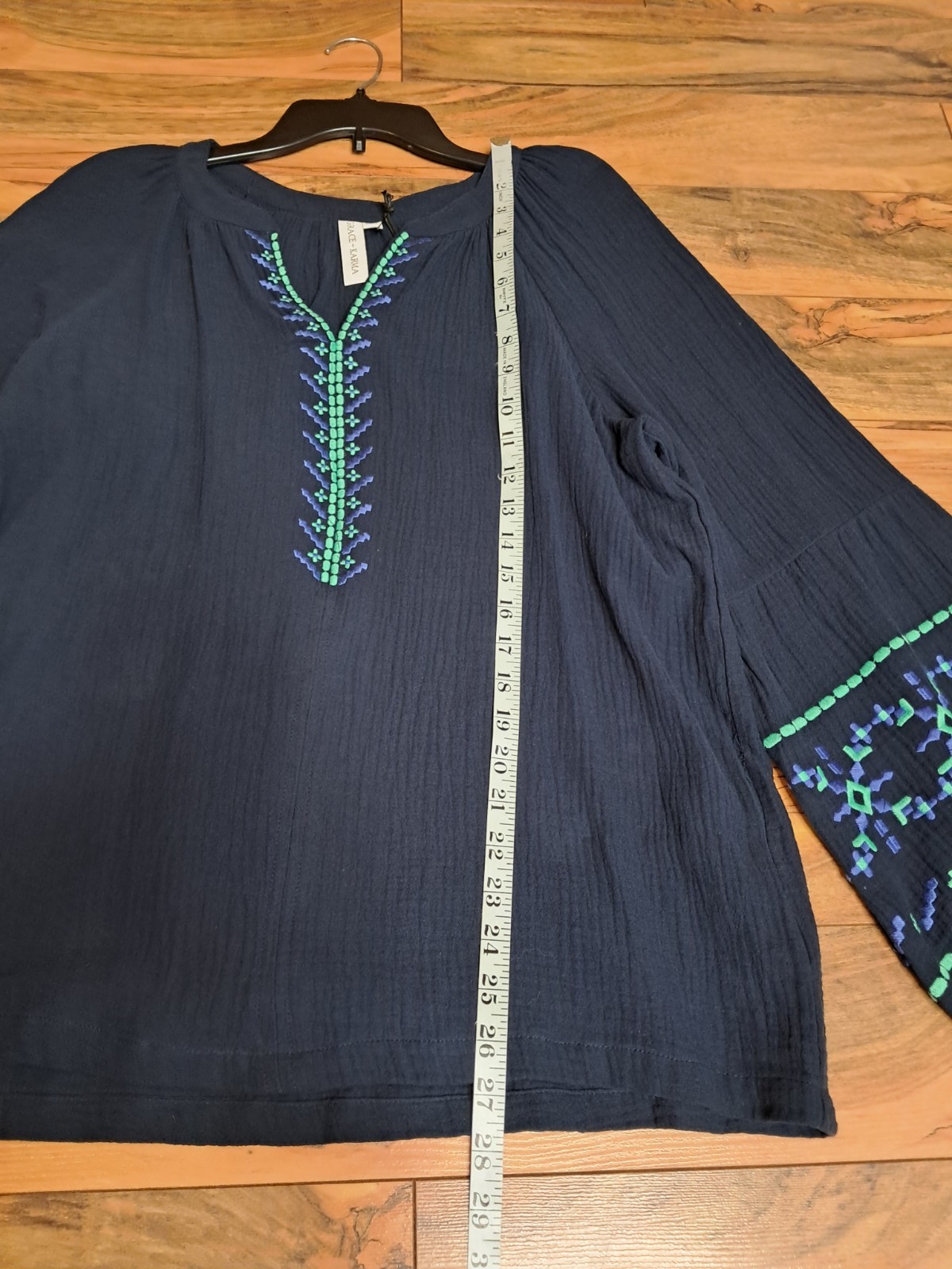 Grace + Karma Womens Popover Gauze Embroidered Blouse Size M Blue Boho Cotton