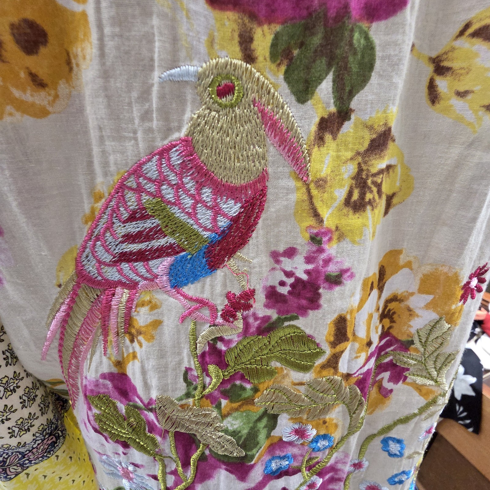 Arrata Silent Journey Yellow Floral Button Up Womens Embroidery Birds NWOT XL