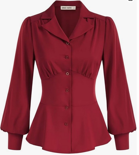 Grace Karin Women’s Long Sleeve Peplum Blouse Cinched Waist Size Small