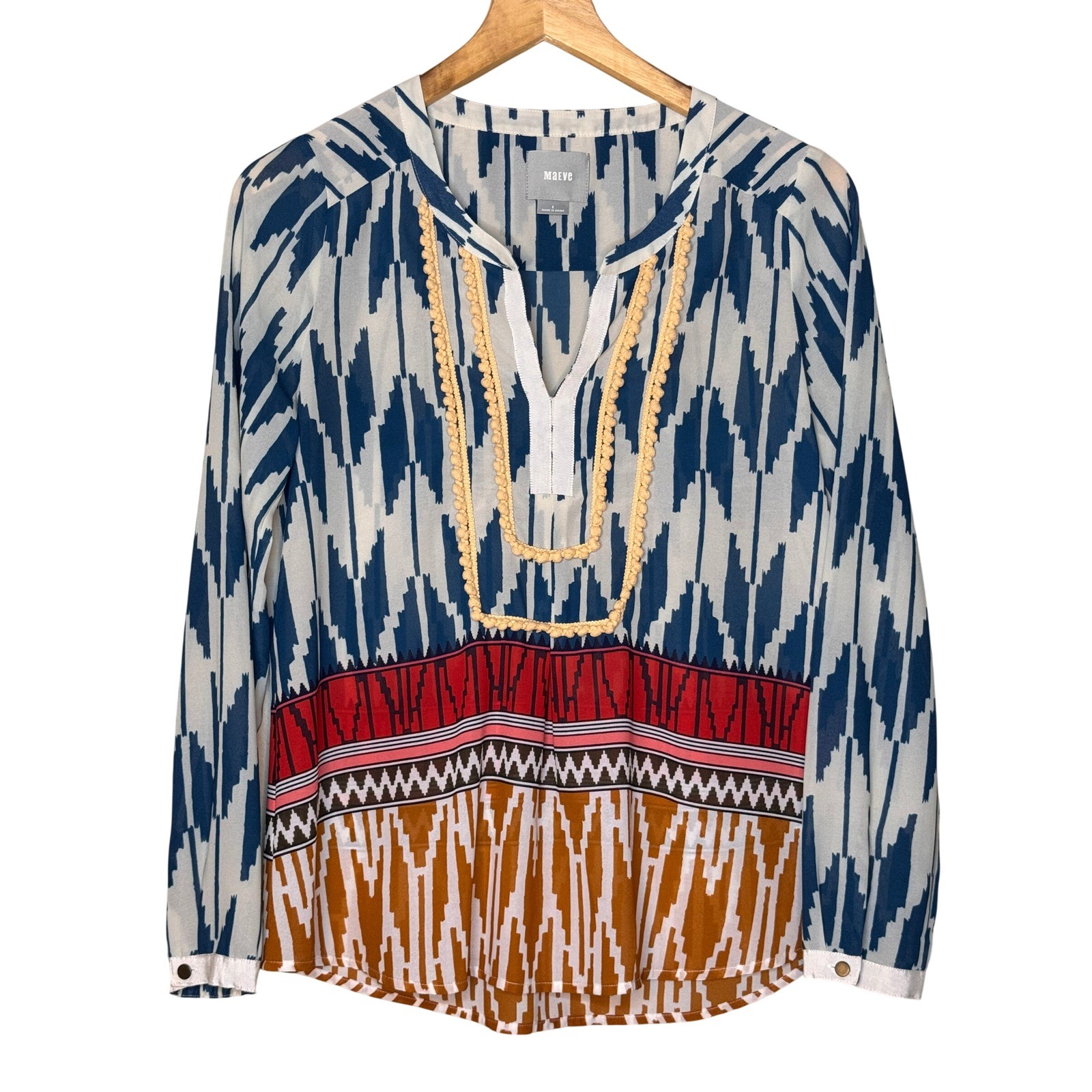 Maeve Anthropologie Ikat Print Pom Pom Trim Blouse Blue Red Geometric Size 2