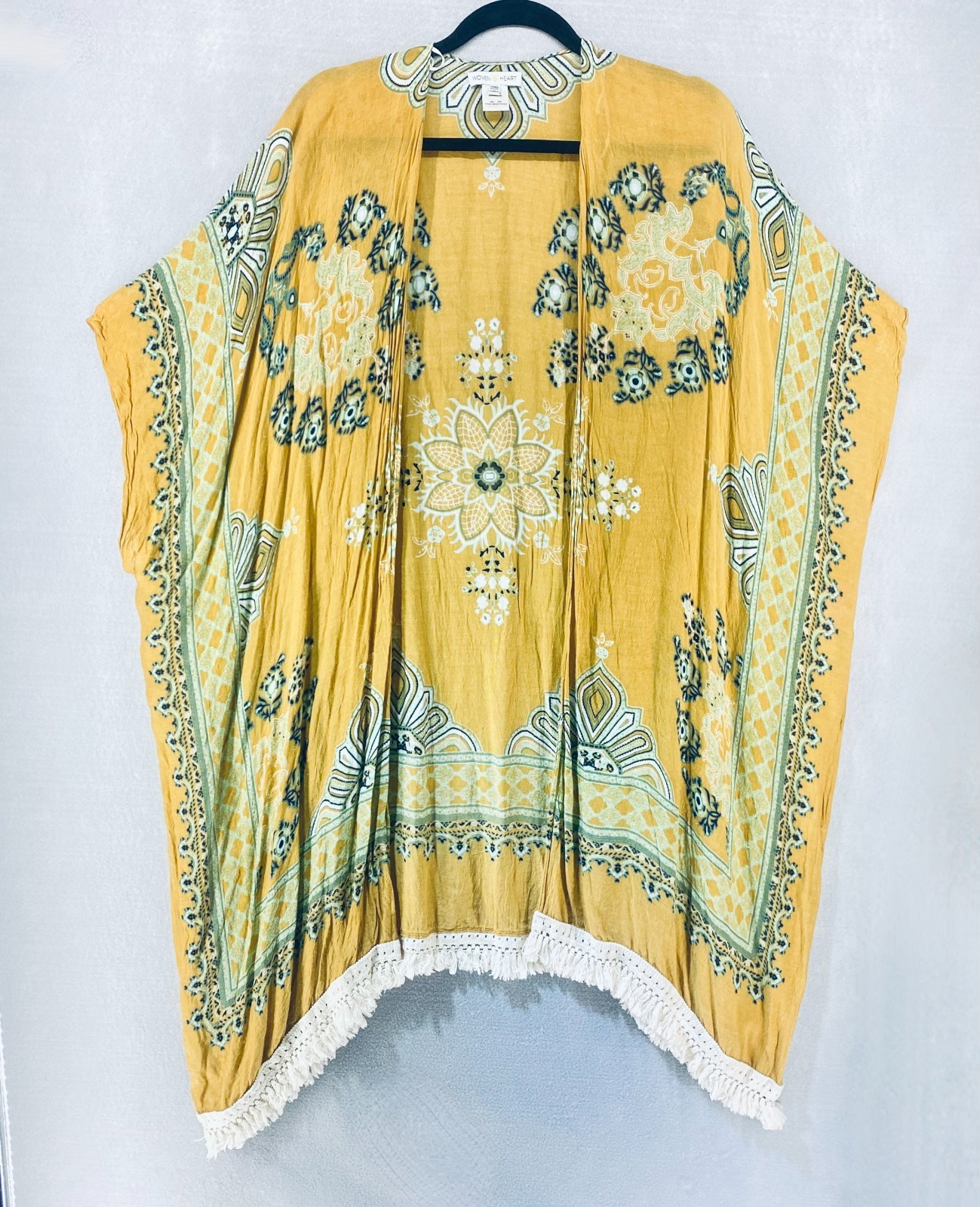 Derek Heart Top Womens OS Mustard Yellow Floral Kimono Fringe Boho