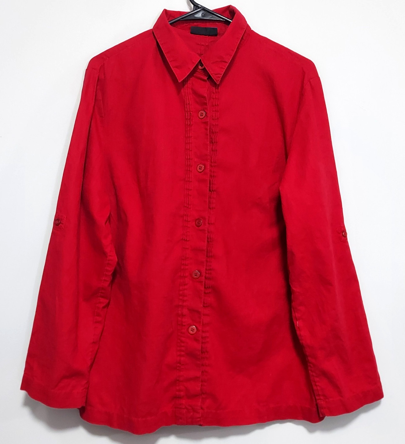 KAREN SCOTT SPORT Button Up Red Shirt LINEN BLEND Roll Tab Long Sleeve Sz Large