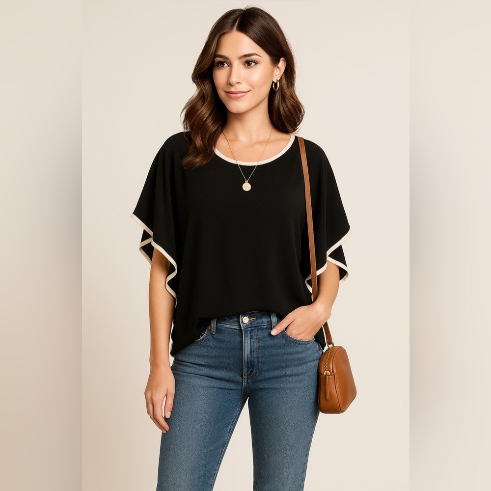 Black Poncho Top Made in USA Contrast Trim Flutter Sleeve Oversized – L
