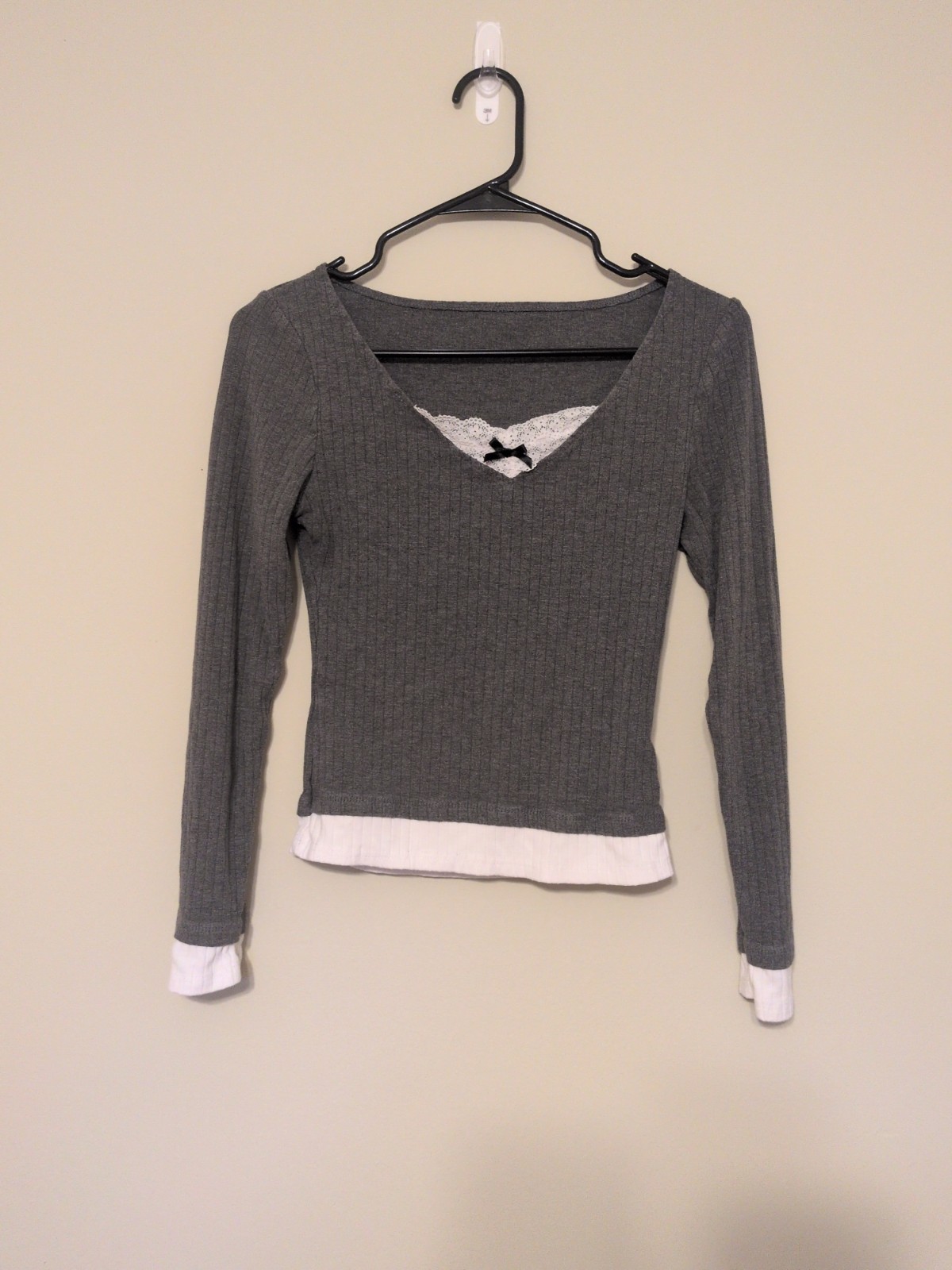 Coquette Soft Girl Grey Double Layered Ribbed Knit Top with Lace & Bow
