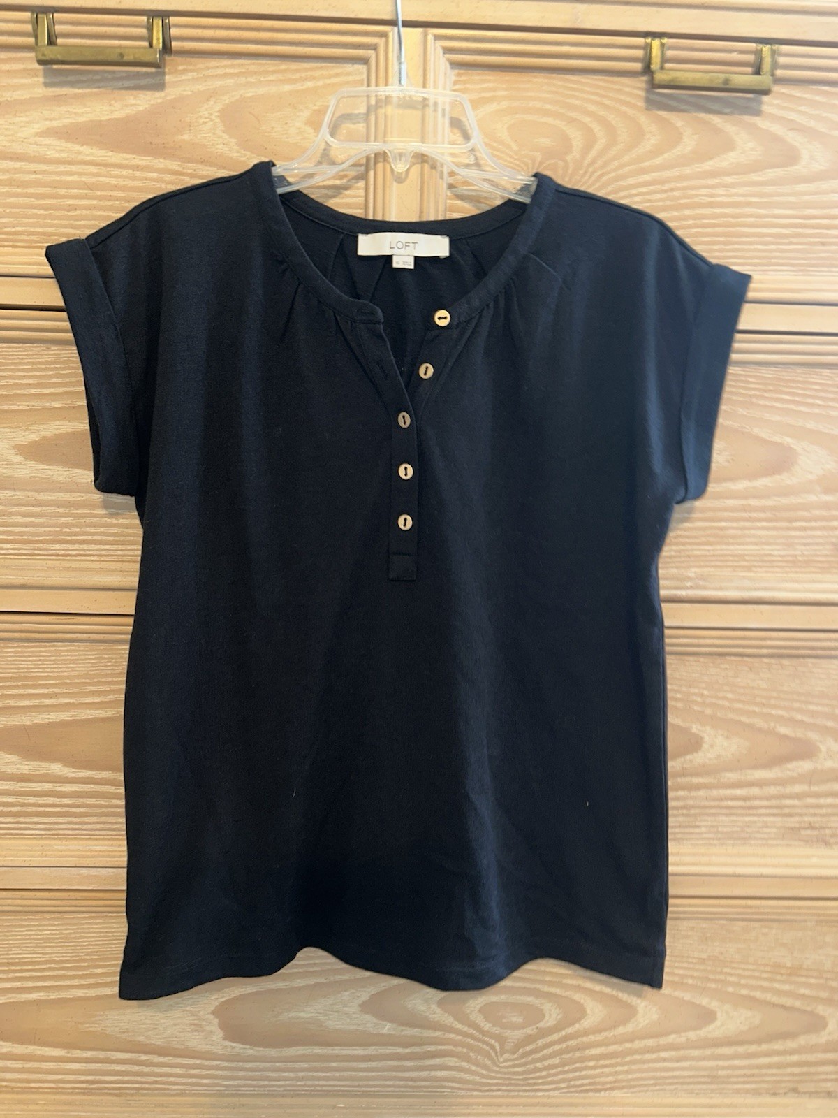 LOFT Black V-Neck Henley Tee Size X-Small Cap Sleeve