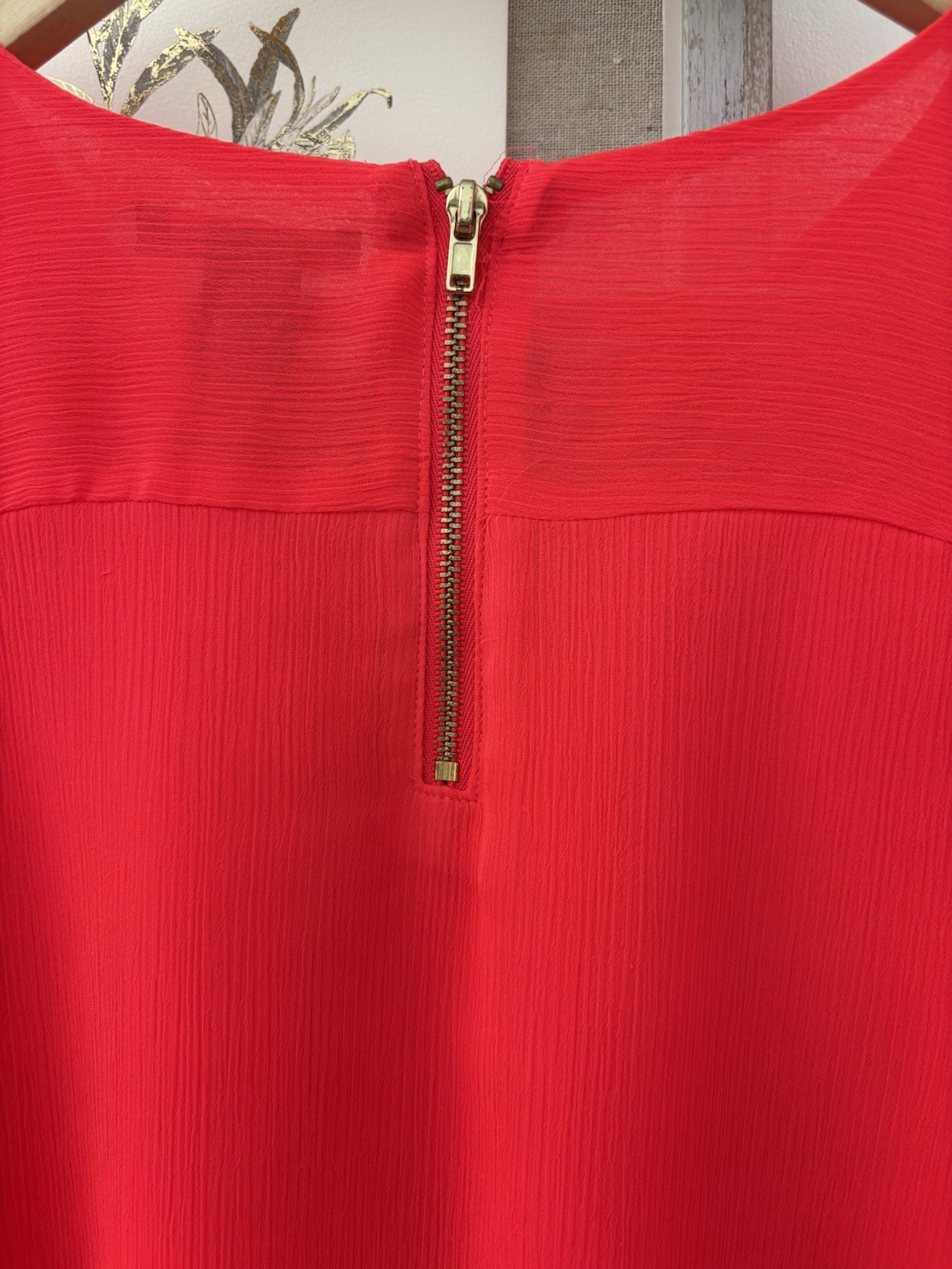 H&M Bright Red Chiffon Blouse Size EUR 34 UK 6 / 8 Long Puff Sleeve Smock Top