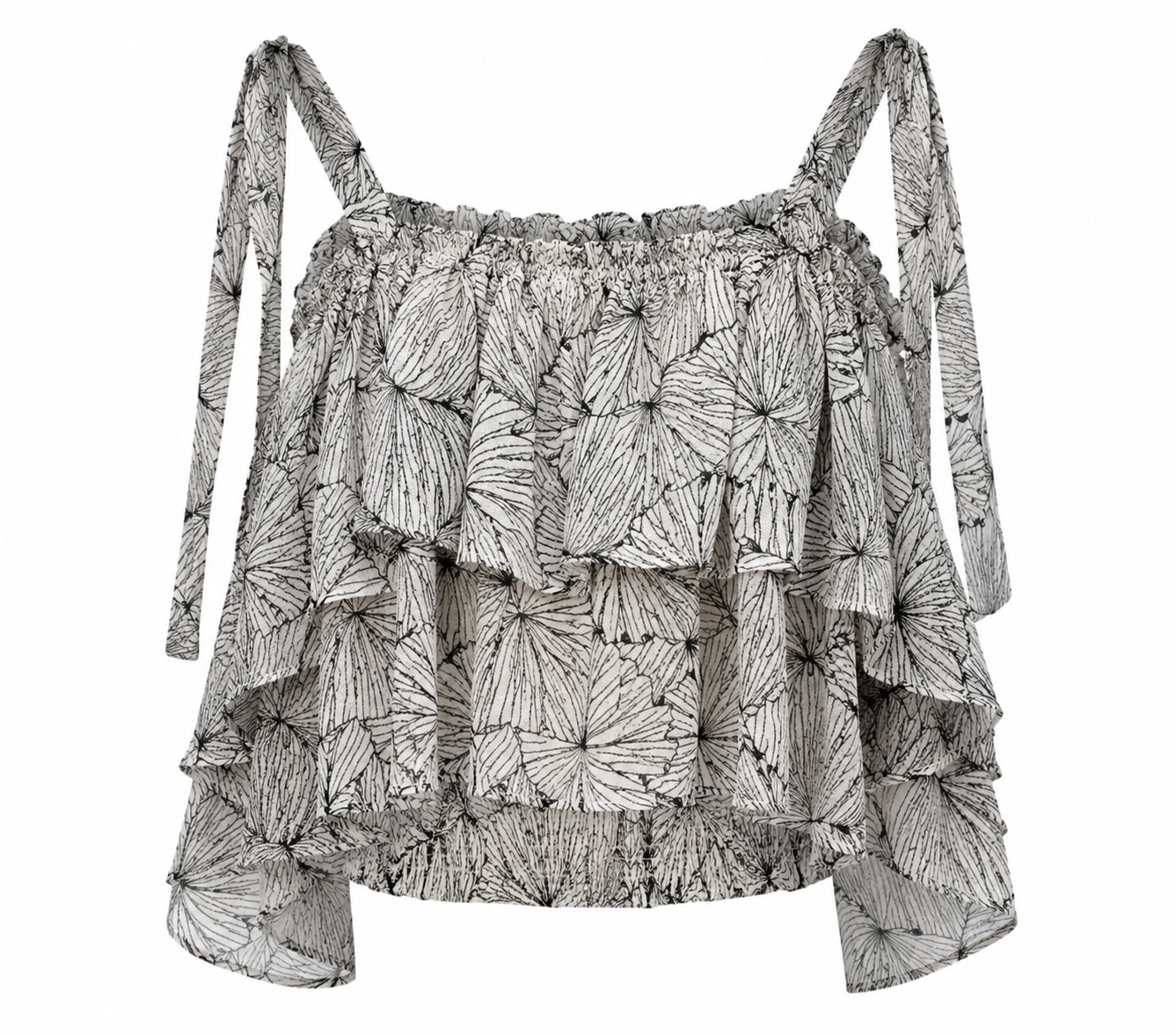 Lena Women Leaf Print Tiered Ruffle Tie Shoulder Smocked Camisole Top Romantic