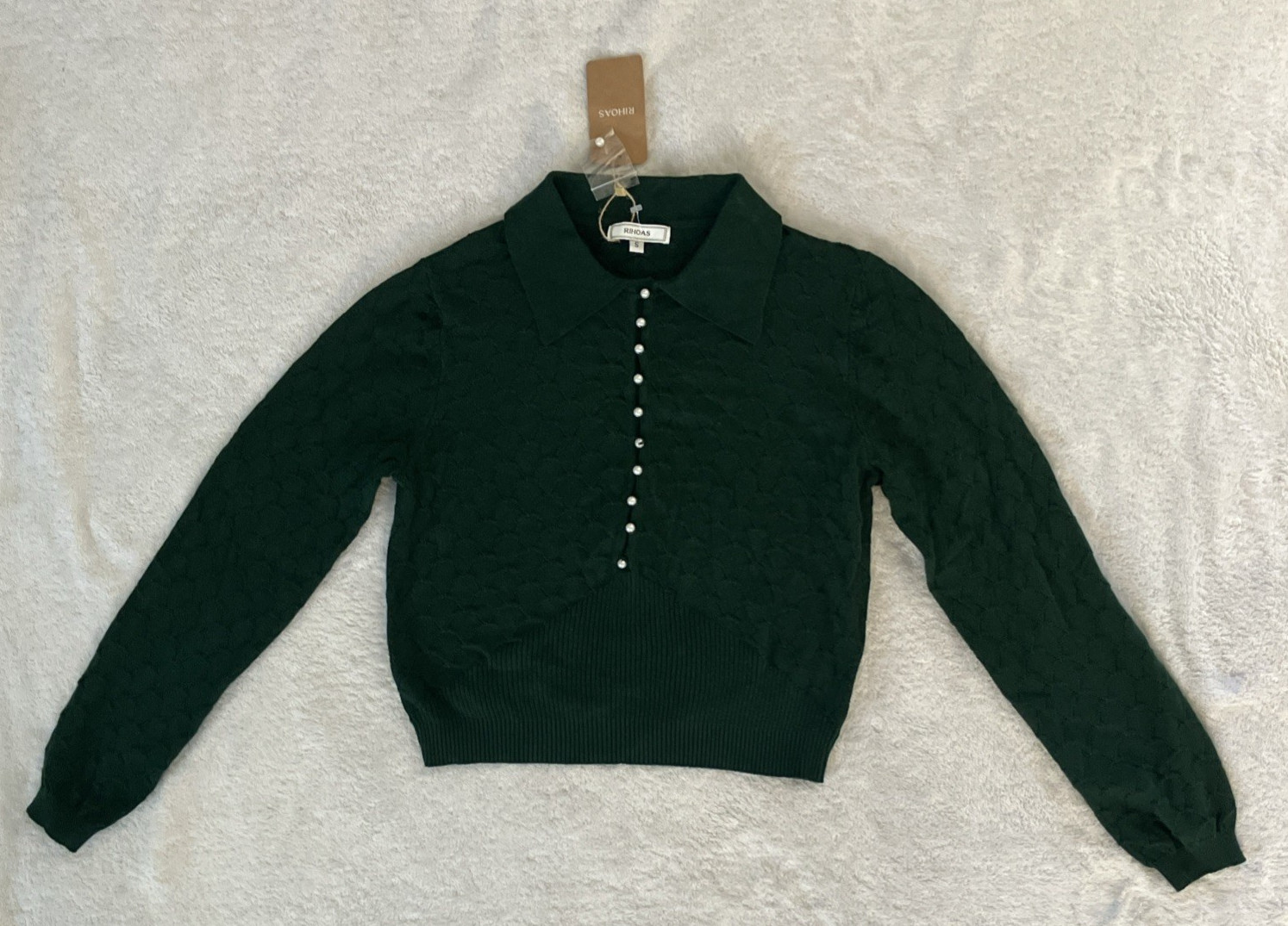 RIHOAS Top Womens Green Lapel Ribbed Textured Twee Pearls Long Sleeve Small NWT