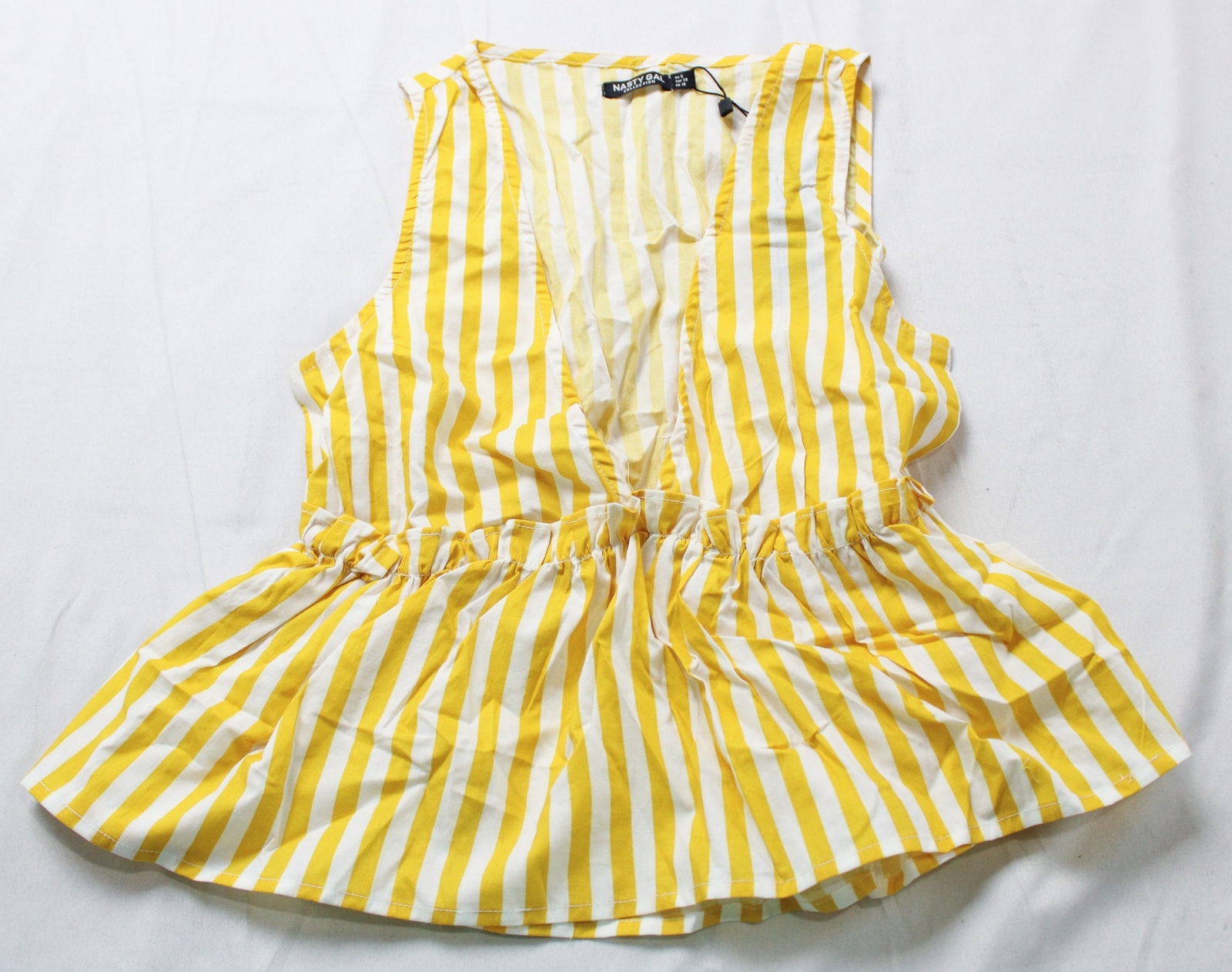 Nasty Gal Womens Cotton Stripe V Neck Frill Crop Top MP9 Yellow & White US 6 NWT