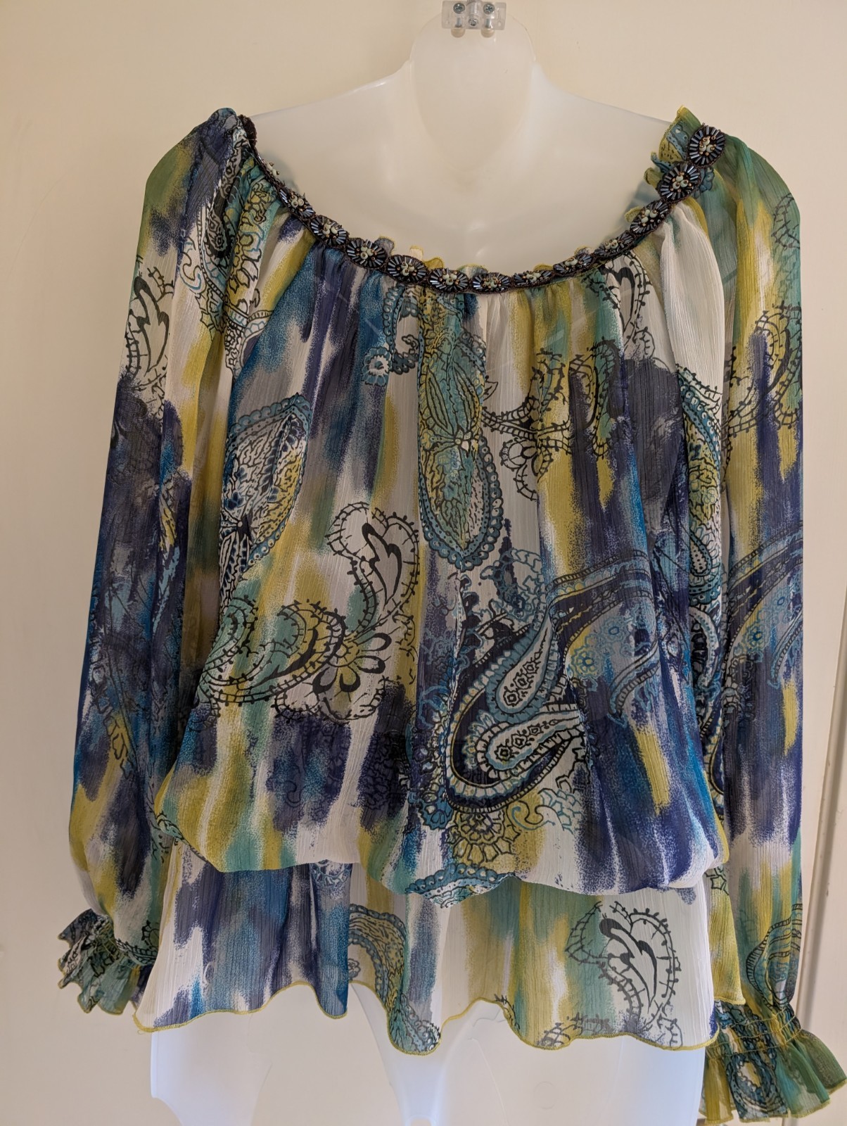 Mushka by Sienna Rose Blouse Women XL Paisley Sheer Beaded Neck Elastic Waist