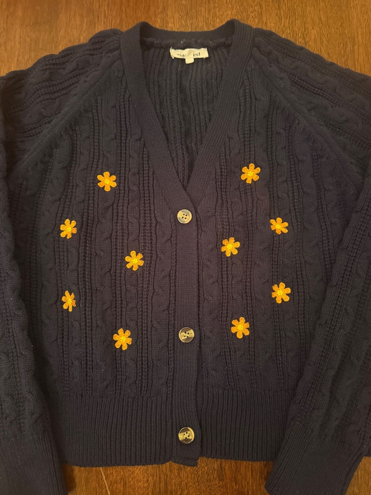Tidal Nest Navy Cable Knit Cardigan Embroidered Daisy Floral Cotton Size Small