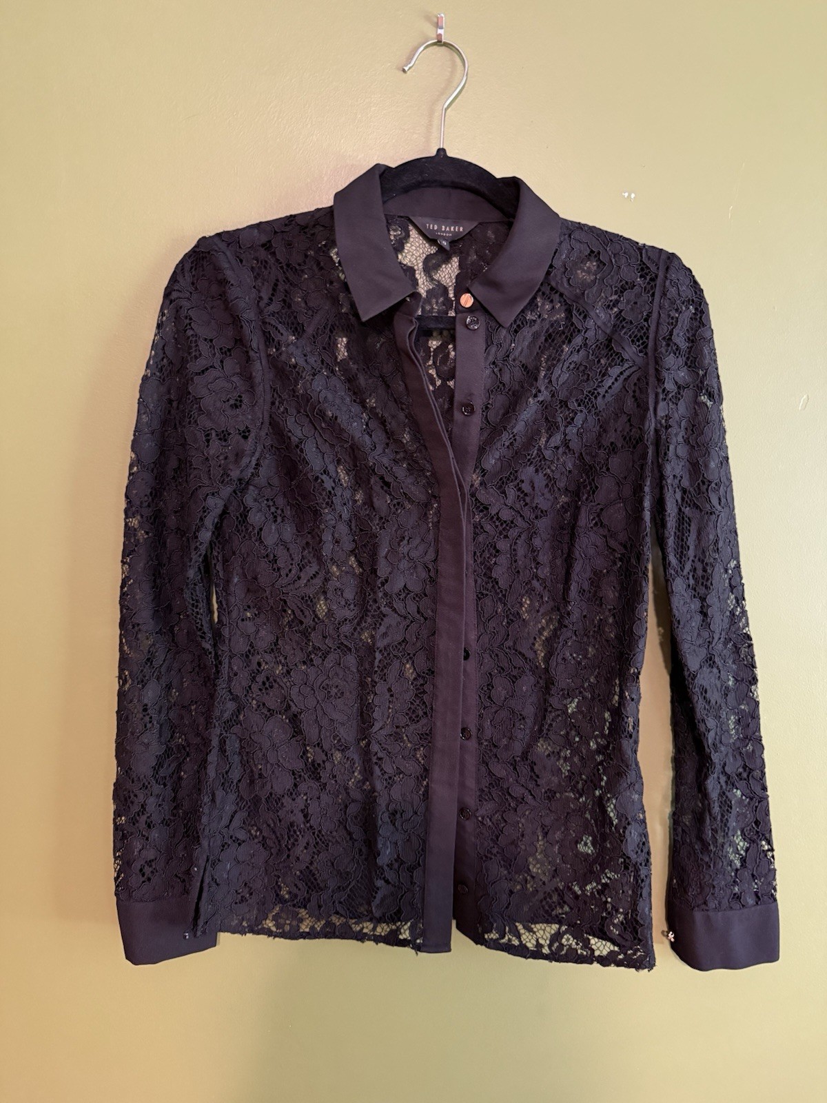 Ted Baker London Womens 0 US 2 Navy Black Lace Button Shirt Long Sleeve Blouse