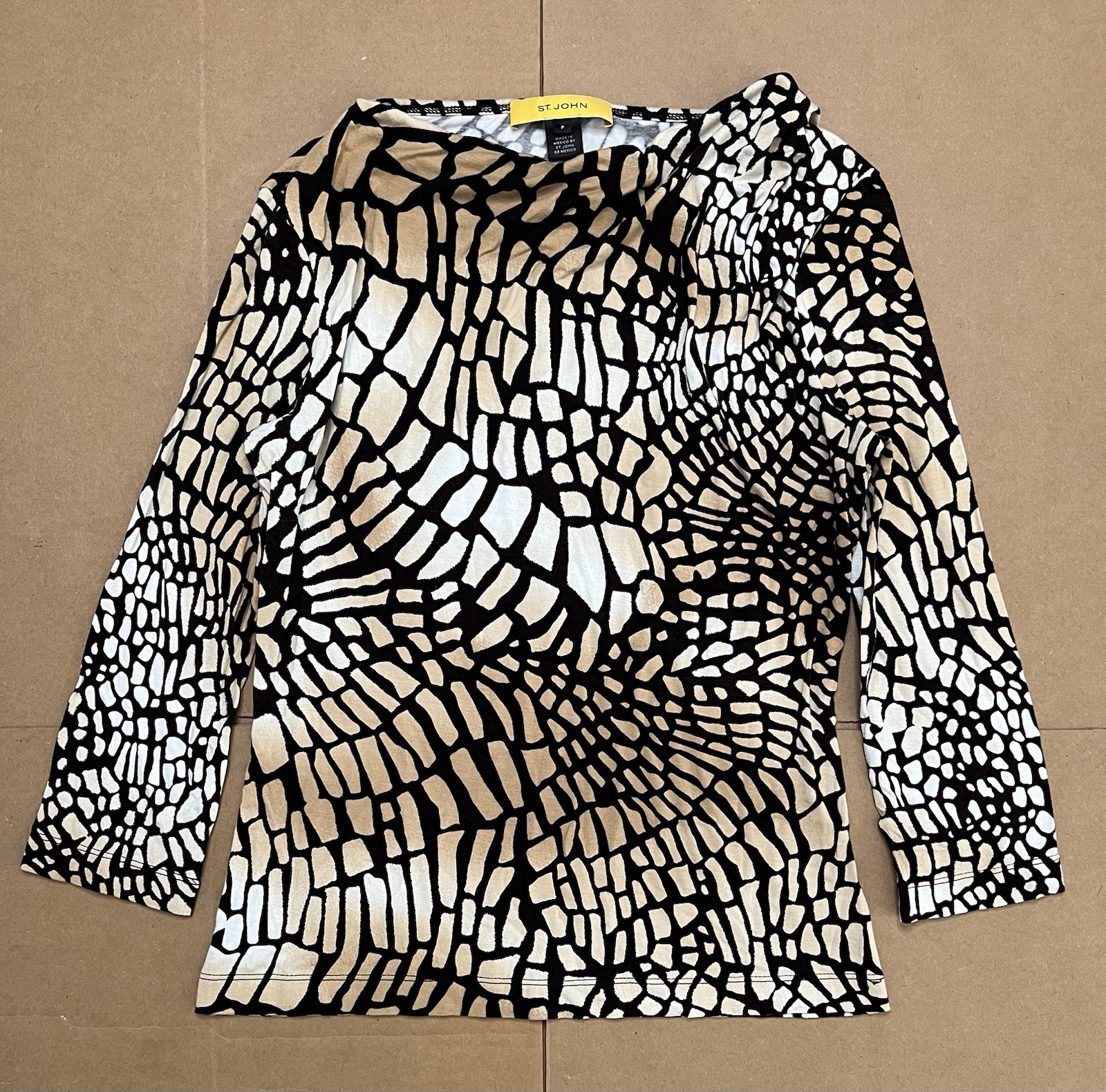 ST. JOHN Women’s S Bateau Neckline Long Sleeve Top Ruched Leopard Camo Print