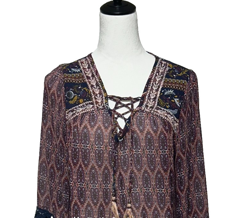Knox Rose Top Womens Medium Purple Paisley Ruffle Lace Up Neck Tassel Sheer Boho