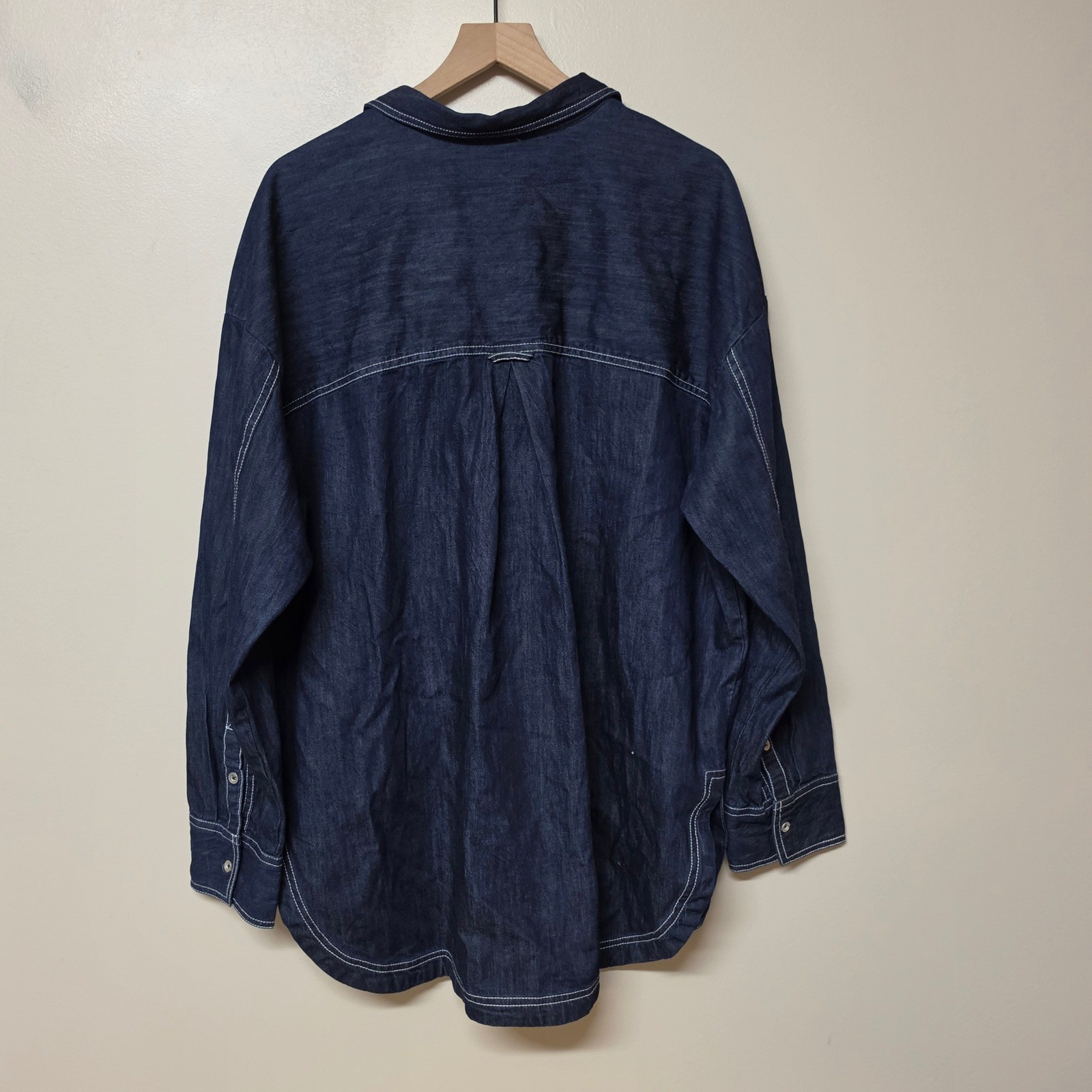 Pilcro Anthropologie Denim Bow Embroidered Oversized Button Down Shirt XL Indigo