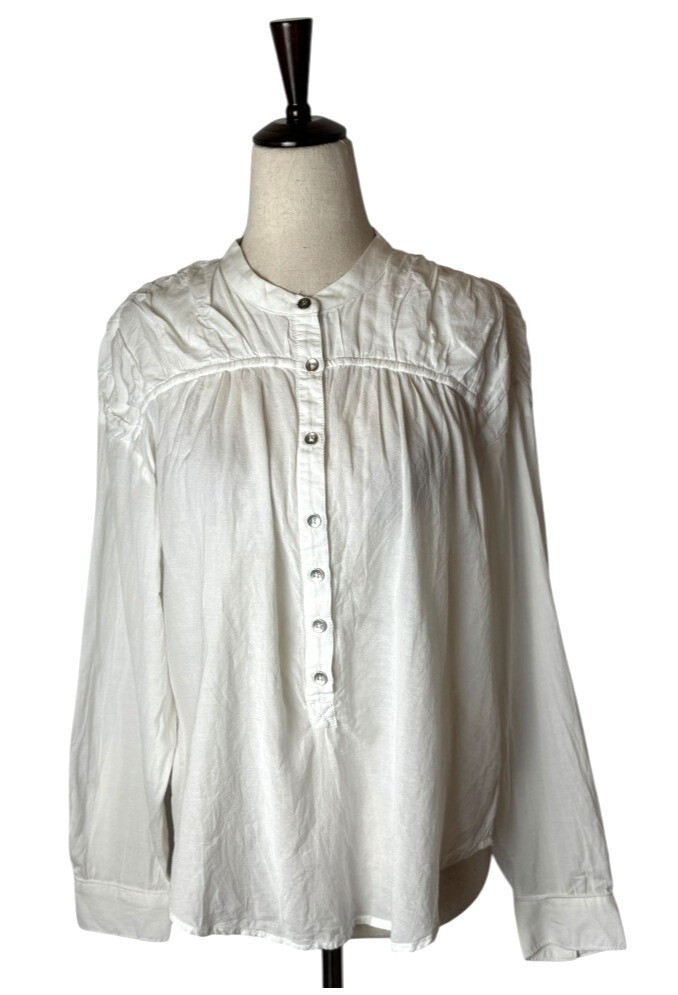 Pilcro Shirt Women XS White Crew Neck Henley Blouse Preppy Peasant Boho Anthro
